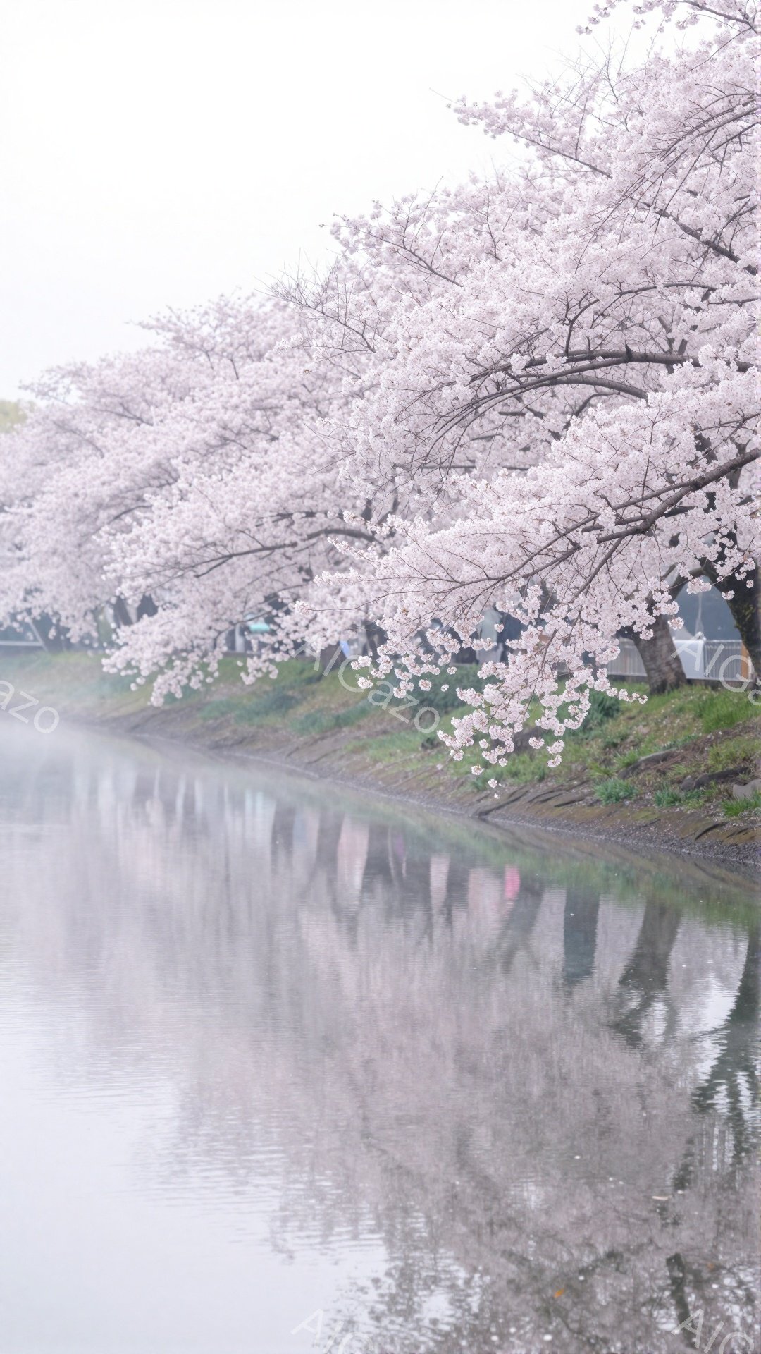 川沿いに桜並木が続き、満開の桜が水面に映り込んで美しい光景を作り出している。水面は穏やかで、桜並木と空の色がぼんやりと映り込み、全体的に柔らかく幻想的な雰囲気を醸し出している。春の訪れを感じさせる、静 - AI生成フリー素材