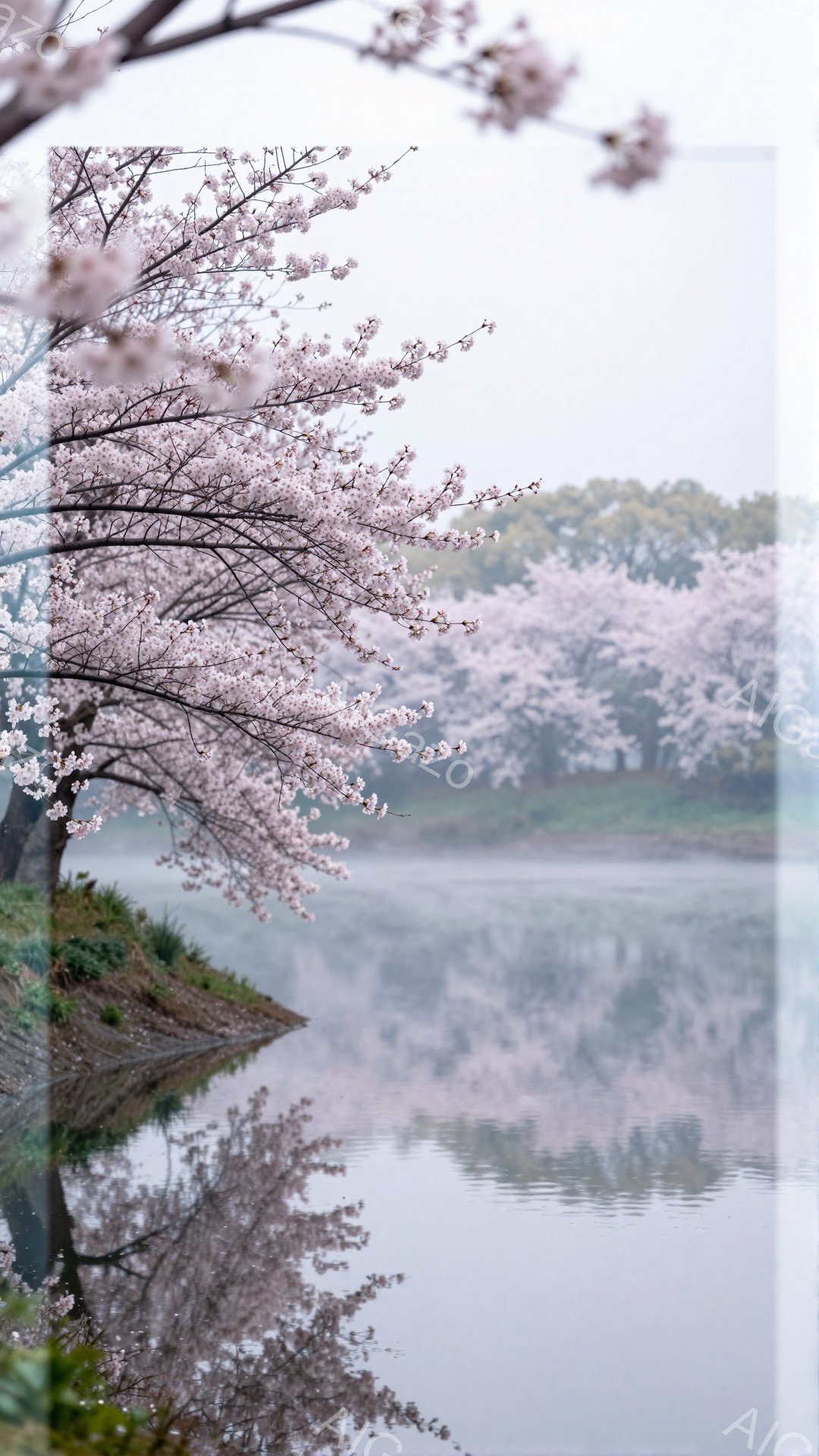桜並木が続く川辺の風景で、薄墨色の水面に桜並木が映り込んでいる。遠景は霞んでおり、全体的に穏やかで幻想的な雰囲気を醸し出している。春の訪れを感じさせる、静かで美しい情景である。