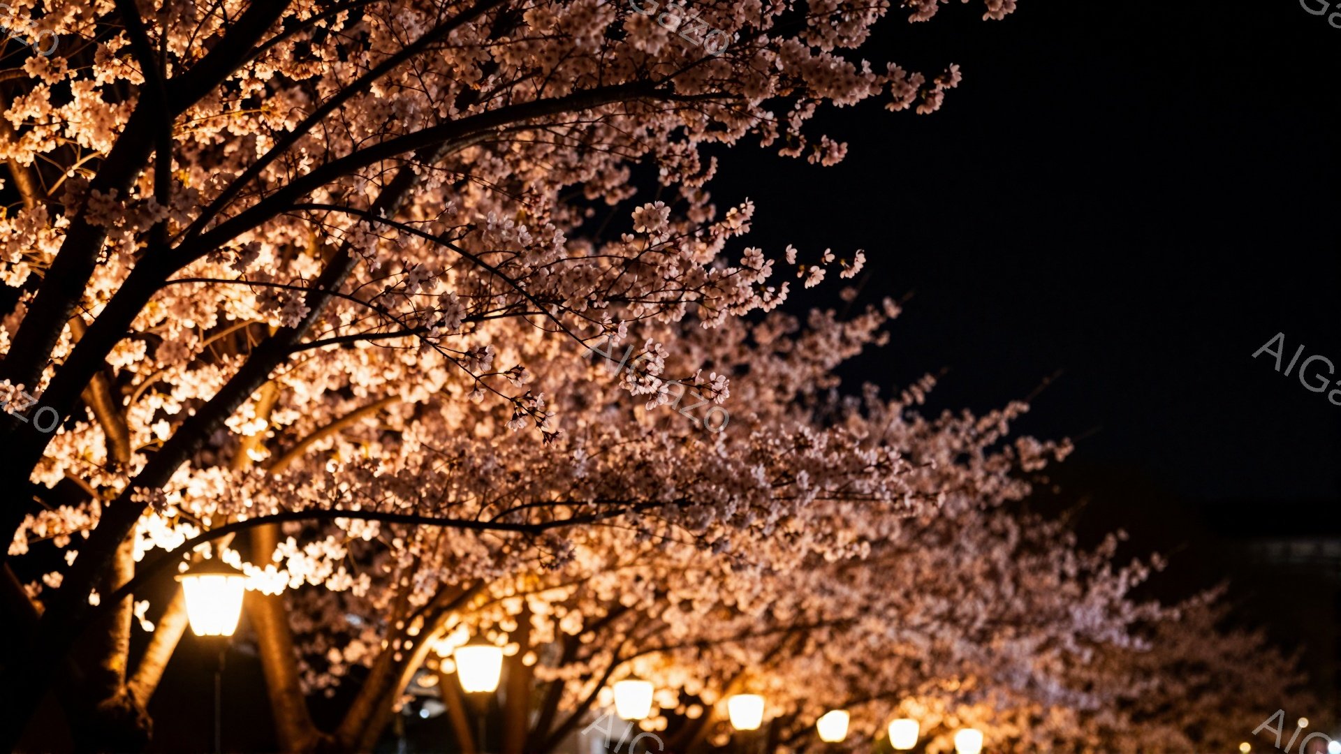 夜空を背景に、満開の桜並木がライトアップされています。淡いピンク色の桜の花びらが密集し、まるでトンネルのように見える美しい光景です。街灯の温かい光が桜に照らされ、幻想的でロマンチックな雰囲気を醸し出し - AI生成フリー素材