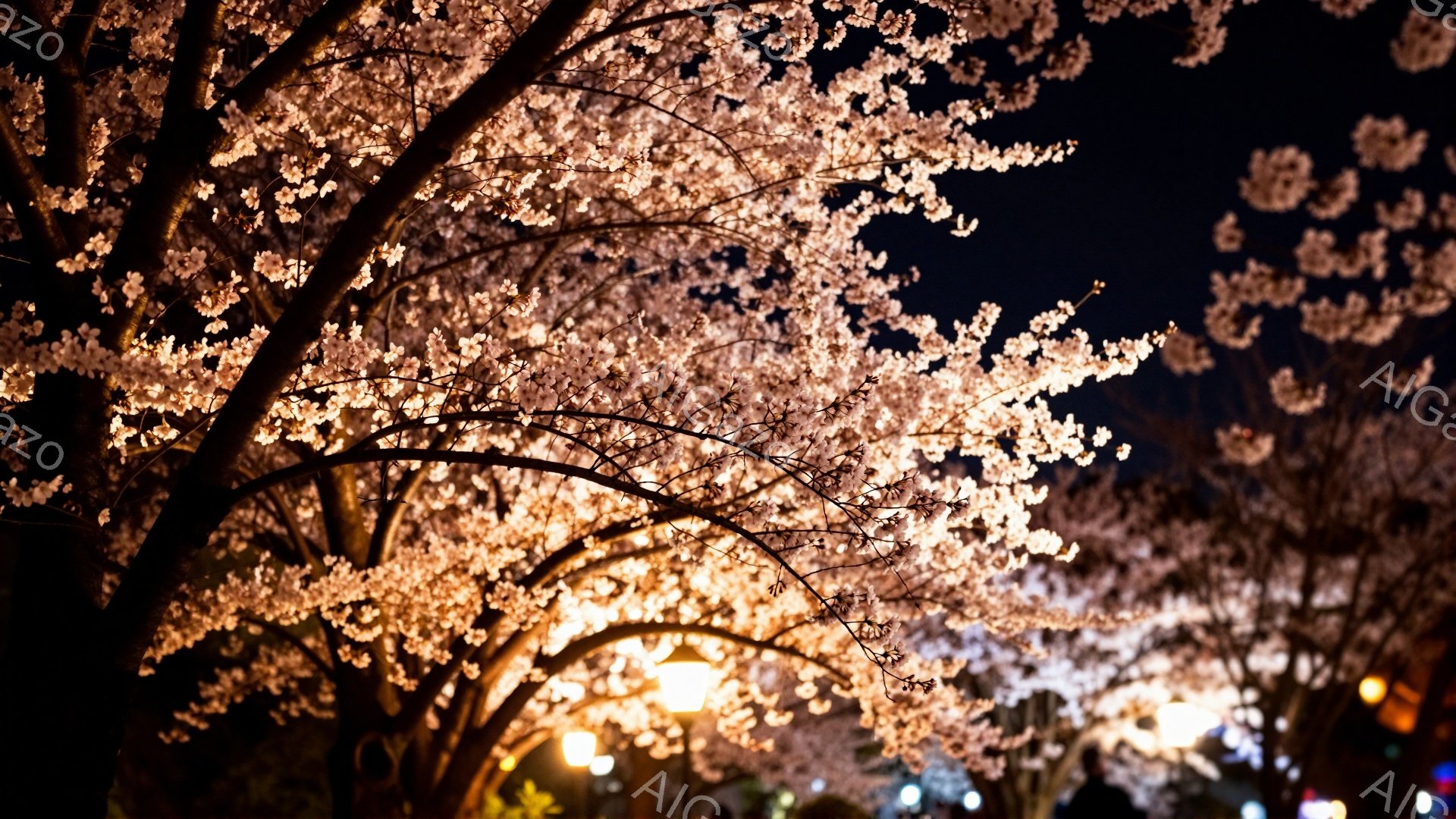 夜空を背景に、満開の桜が枝を広げ、光の中で輝いている。街灯や遠くの建物の光がぼんやりと見え、桜の花びらがまるで光のベールのように見える。全体的に暖かく幻想的な雰囲気で、春の夜の静けさと美しさを表現している。