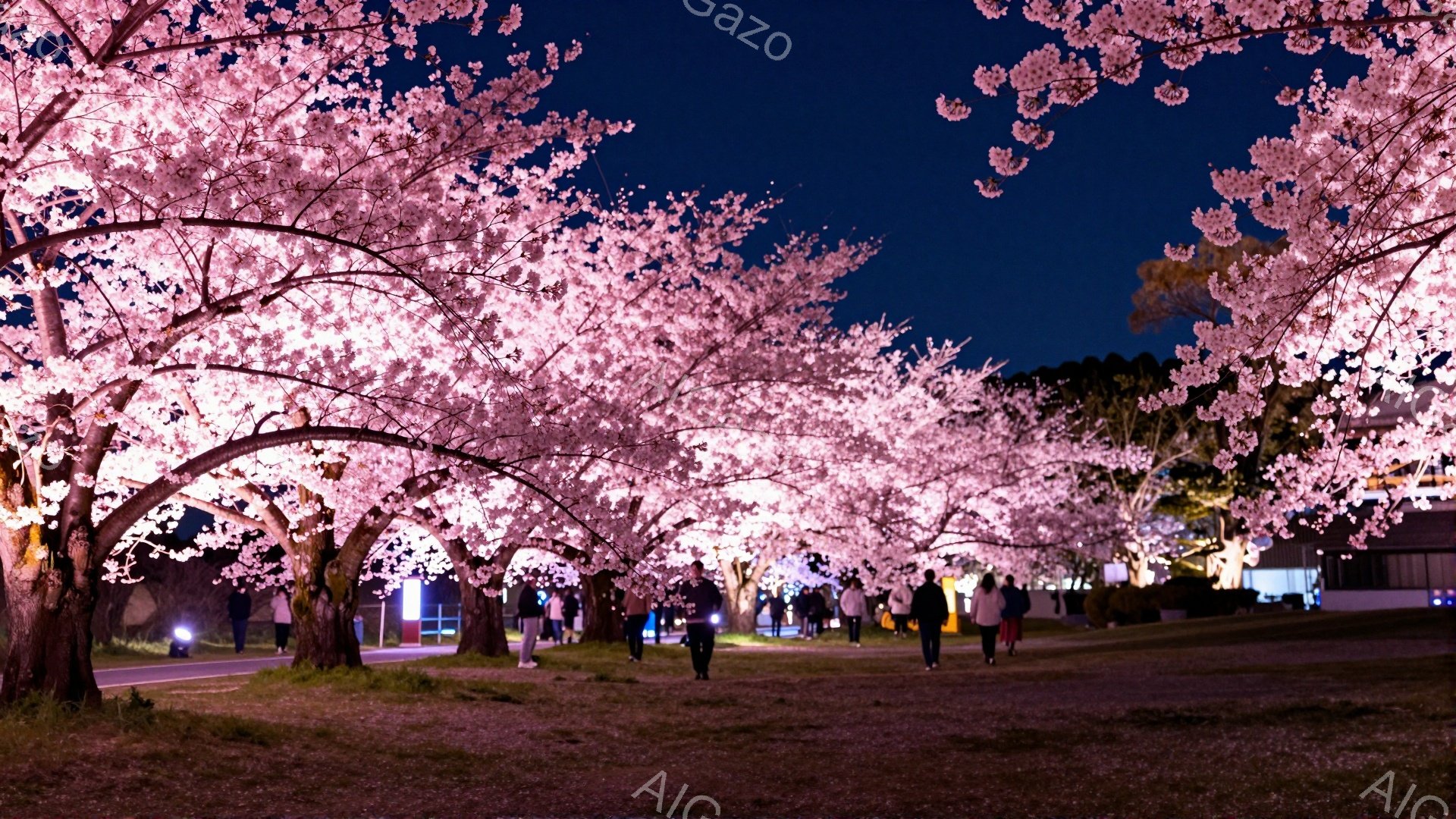 夜間に桜並木を歩く人々の姿が捉えられています。人々はカジュアルな服装で、一部はスマートフォンを見ながら歩き、楽しげな雰囲気が伝わってきます。背景には建物が見え、夜空と桜のピンク色が幻想的な光景を作り出しています。