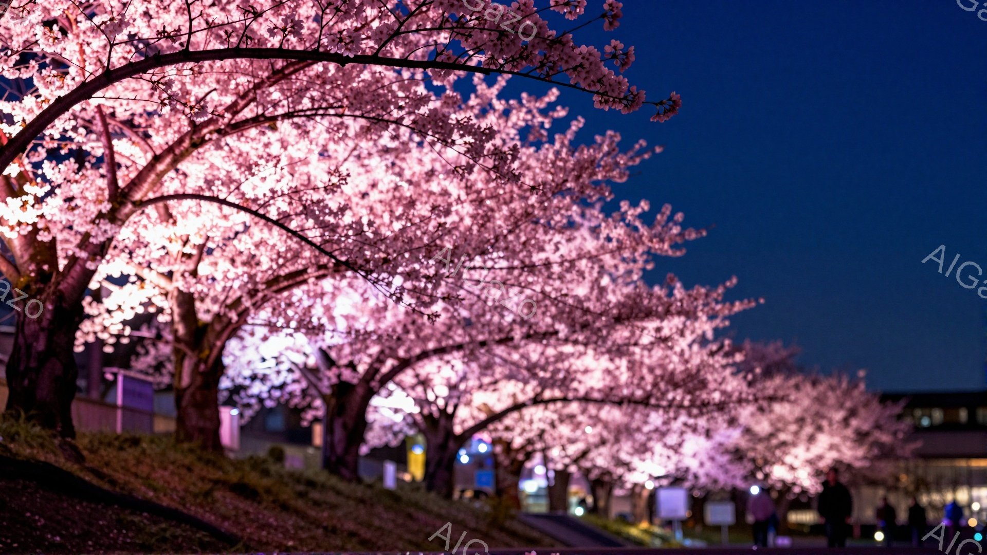 夜空を背景に、桜並木がライトアップされ、鮮やかなピンク色が印象的です。歩道には数人の人が見え、ゆったりとしたペースで散策を楽しんでいる様子が伺えます。背景には建物が見え、夜の静けさと桜の美しさが相まって、幻想的な雰囲気を醸し出しています。