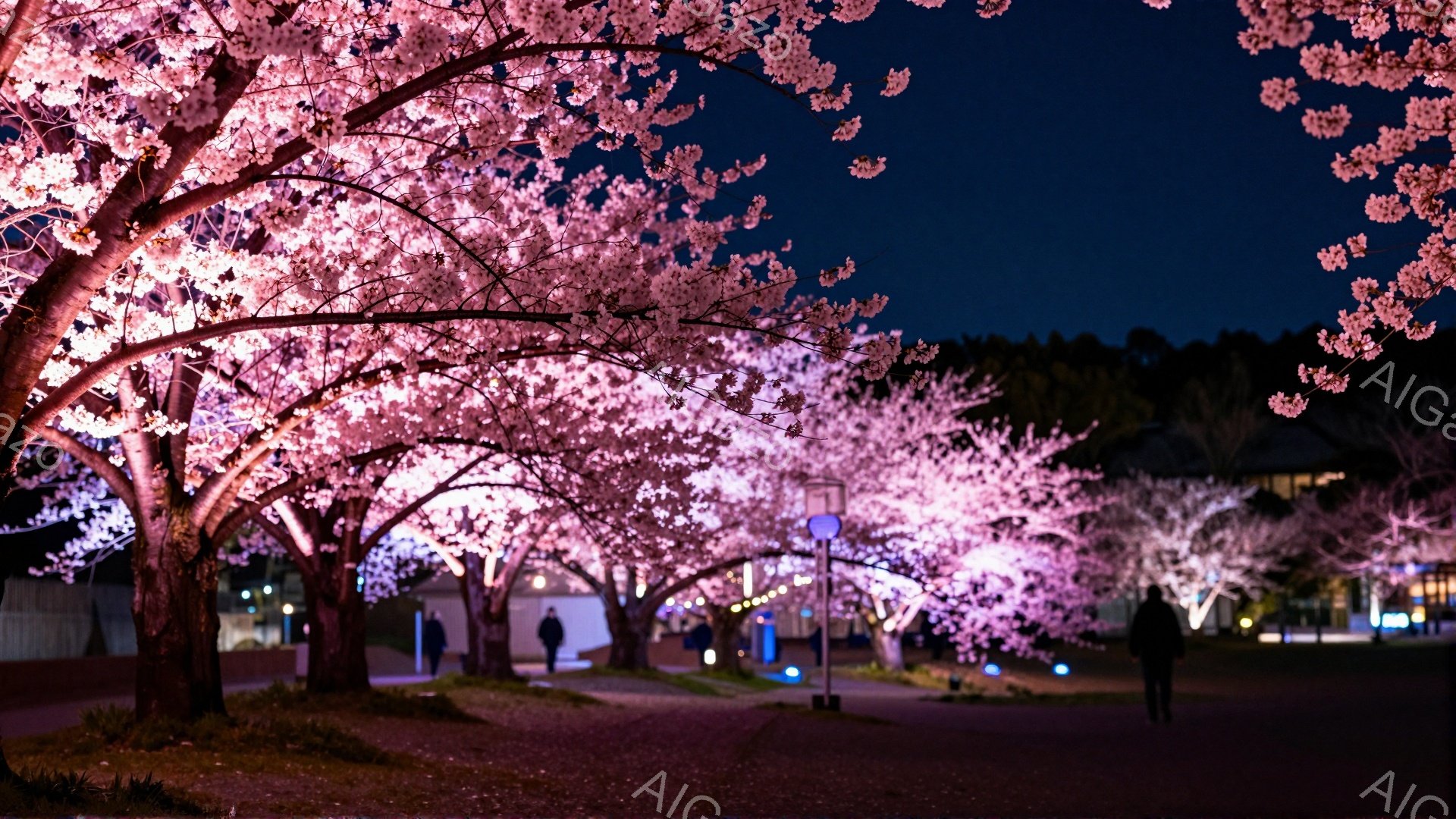 夜間に桜並木がライトアップされ、幻想的な雰囲気を醸し出しています。数人の人々が並木道を歩いており、黒い服装でシルエットになっています。背景には建物が見え、桜の花びらが地面に散らばっている様子から、春の夜の穏やかな情景が伝わってきます。