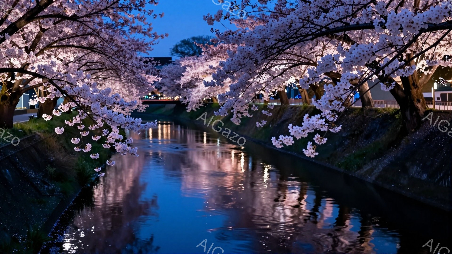 夜の川沿いに桜並木が咲き誇り、水面にその美しい花びらが反射して幻想的な光景を作り出している。桜の淡いピンク色が夜空の青色と対比し、穏やかでロマンチックな雰囲気を醸し出している。川の両岸には遊歩道があり - AI生成フリー素材