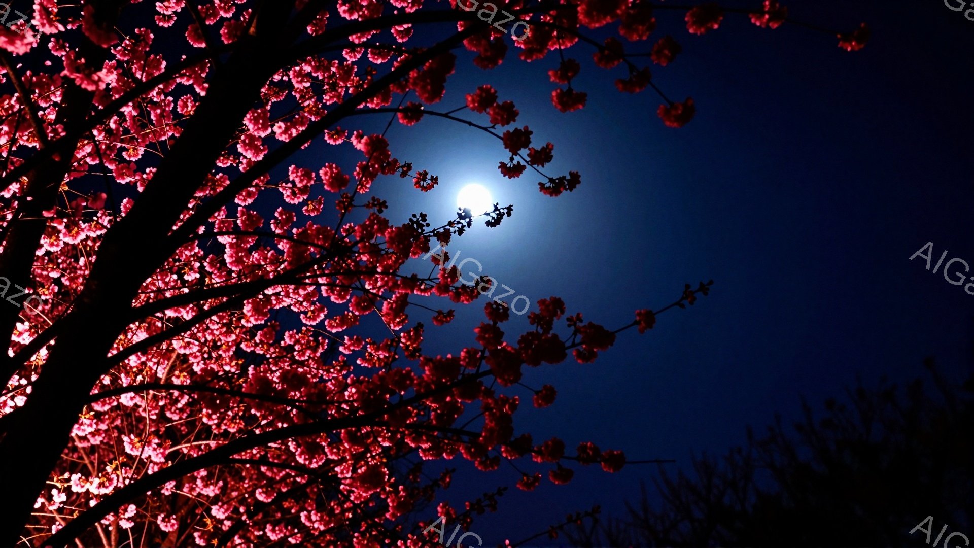 深夜の青い空を背景に、桜の花が咲き乱れる様子が捉えられています。月が桜の隙間から輝き、幻想的な雰囲気を醸し出しています。暗闇の中で桜が浮かび上がり、静かで美しい夜の風景を描写しています。