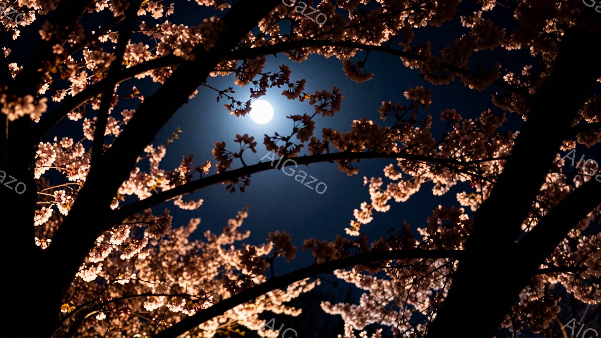 夜空に満月が輝き、桜の花びらが咲き乱れる様子が捉えられています。桜の枝がフレームを構成し、まるで月の光を浴びて咲き誇るトンネルのようです。幻想的でロマンチックな雰囲気を感じさせます。 - AI生成フリー素材