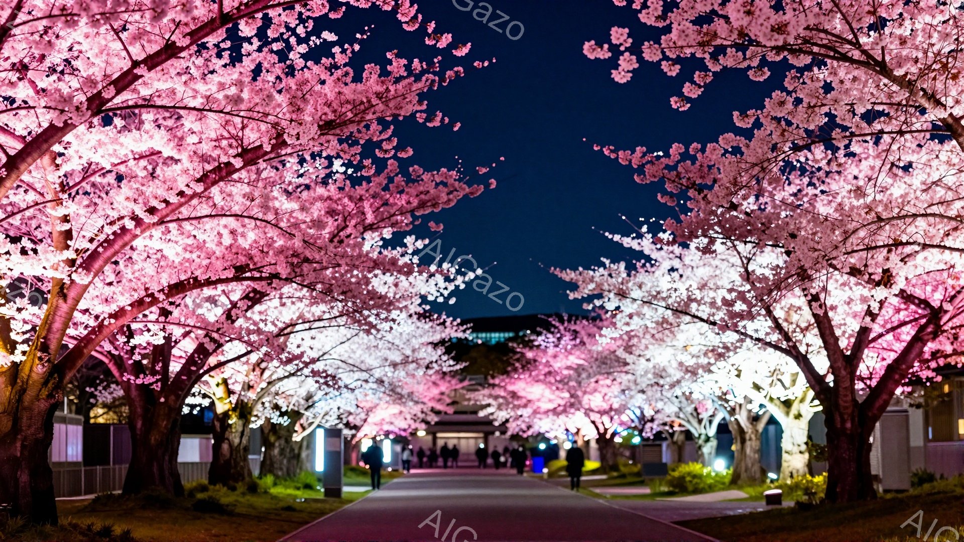 夜間に桜並木がライトアップされ、ピンク色のトンネルが広がっている。歩道には数人の人々が散歩を楽しんでおり、黒い服装の人が多いが、表情ははっきりと見えない。背景には、ぼんやりと建物が見え、夜空は暗く、桜のピンク色が際立っている。