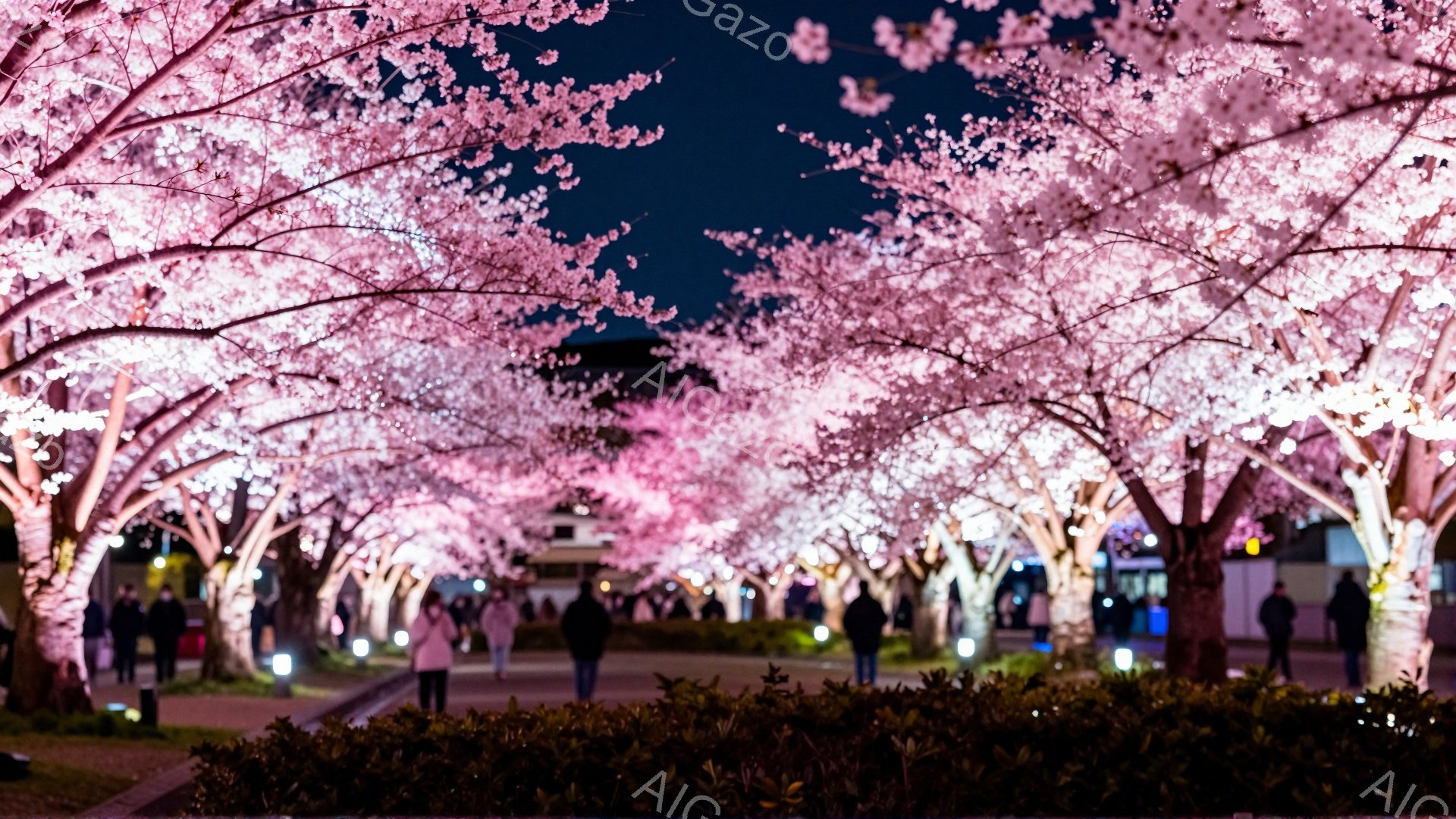 夜間に桜並木を歩く人々の様子が描かれています。人々はカジュアルな服装で、後ろ姿が多く、表情ははっきりとは見えませんが、楽しげな雰囲気が伝わってきます。背景には薄暗い建物が見え、桜の淡いピンク色の光が全体を暖かく包み込み、幻想的な雰囲気を醸し出しています。