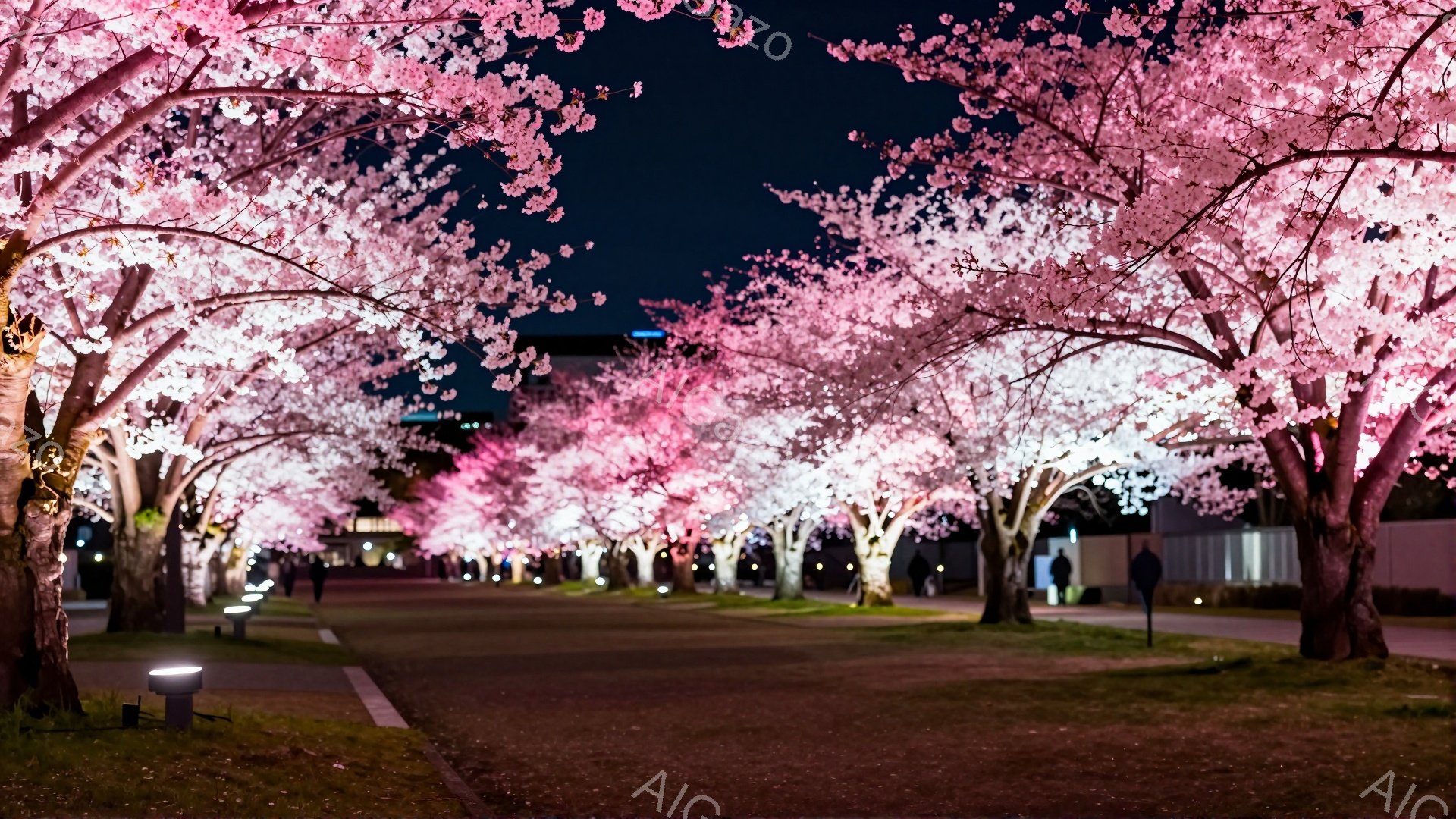 夜の公園の遊歩道には、満開の桜並木が広がっています。桜の淡いピンク色がライトアップされ、幻想的な雰囲気を醸し出しています。遠方には建物の明かりが見え、夜空と桜のコントラストが美しい風景を作り出していま - AI生成フリー素材