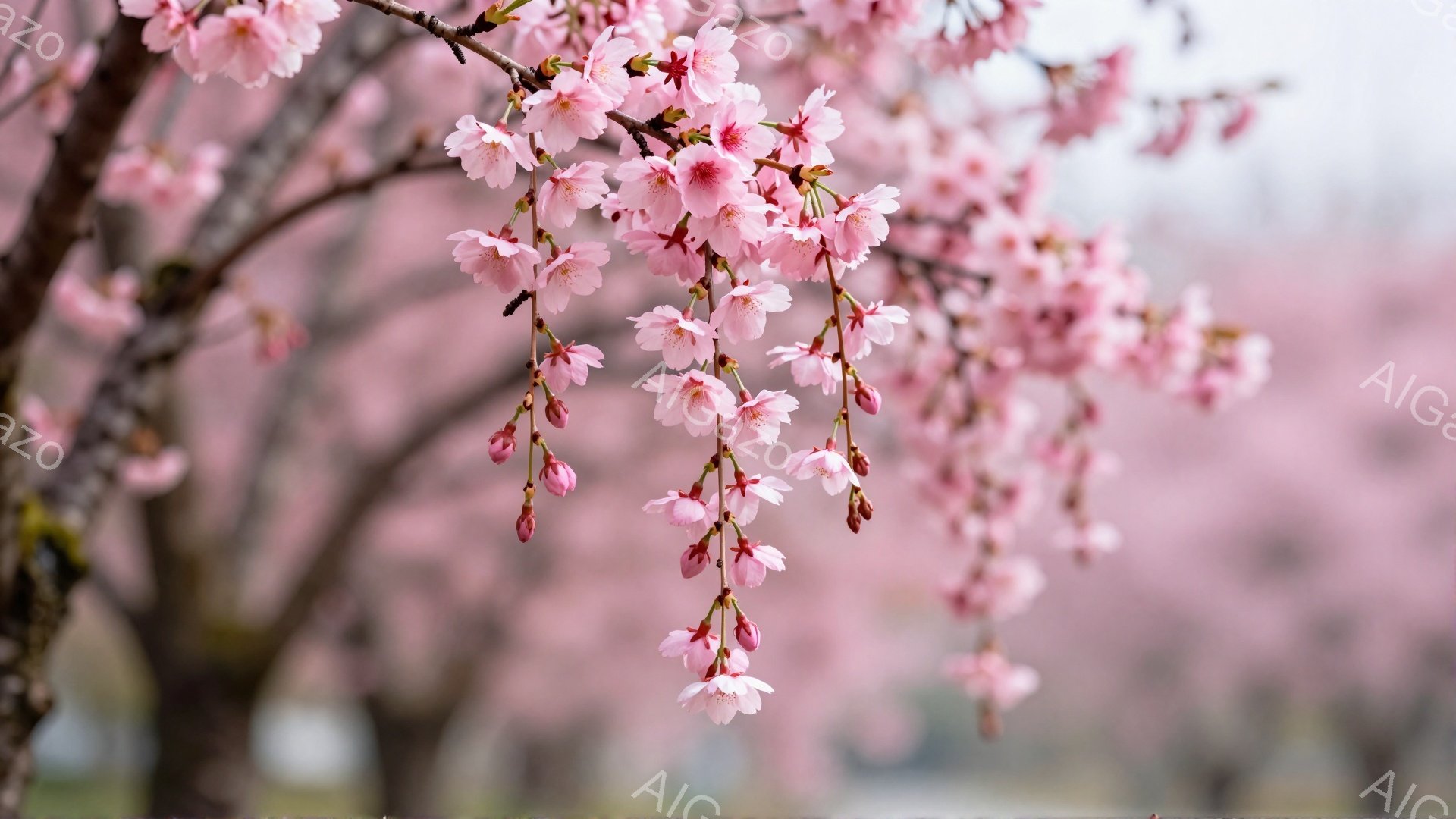 画像は桜の枝が密集して咲き誇る様子を捉えたクローズアップ写真です。淡いピンク色の花びらが幾重にも重なり、春の暖かさと優雅さを感じさせます。背景にはぼんやりと桜並木が見え、全体的に柔らかく夢幻的な雰囲気を醸し出しています。