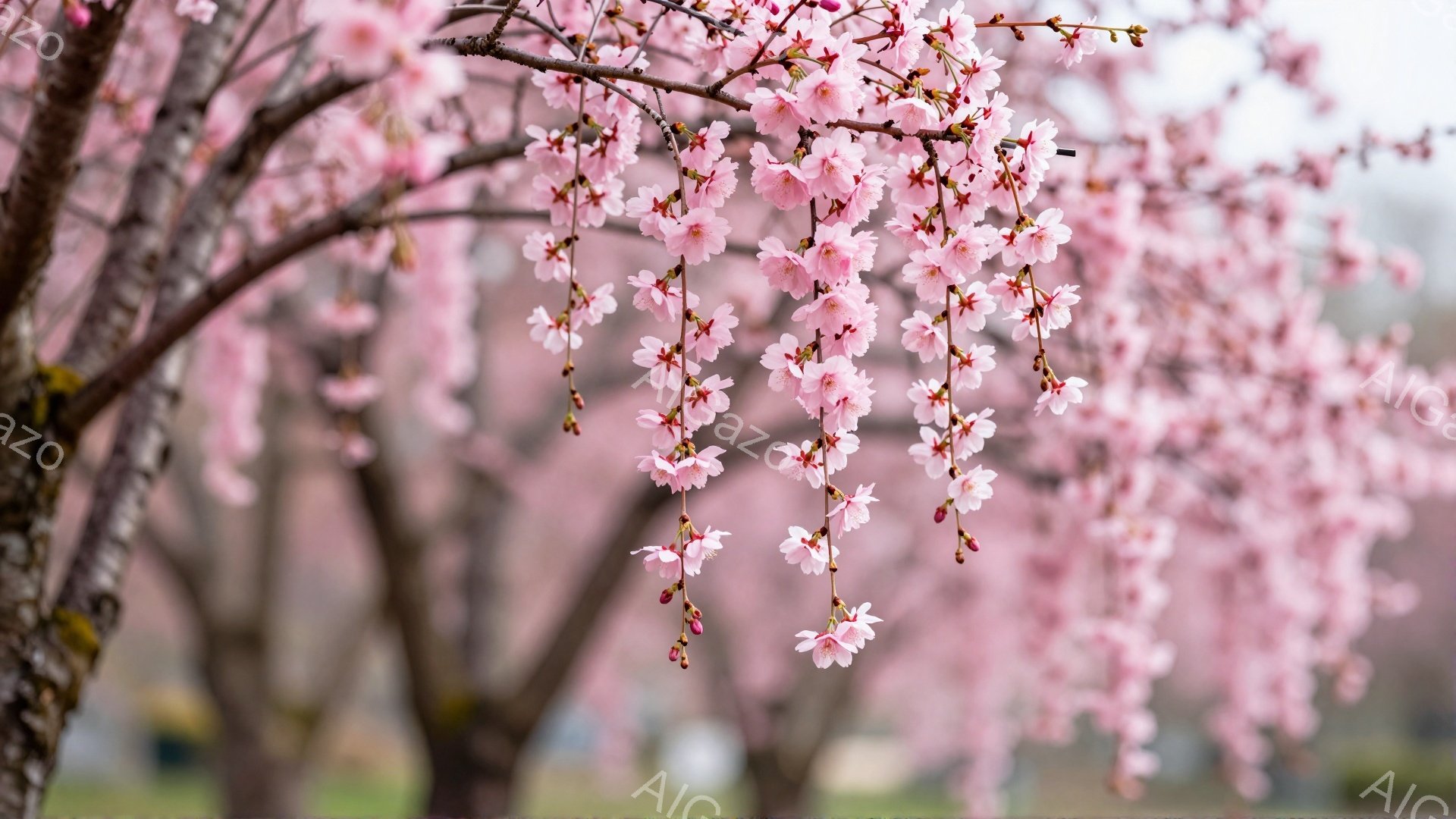 枝に咲き誇る桜の花が、春の訪れを告げている。薄桃色の花びらが密集し、まるで花のトンネルのようであり、背景には緑色の芝生とぼやけた建物が見える。全体的に柔らかな光が差し込み、穏やかで優しい春の雰囲気が漂 - AI生成フリー素材