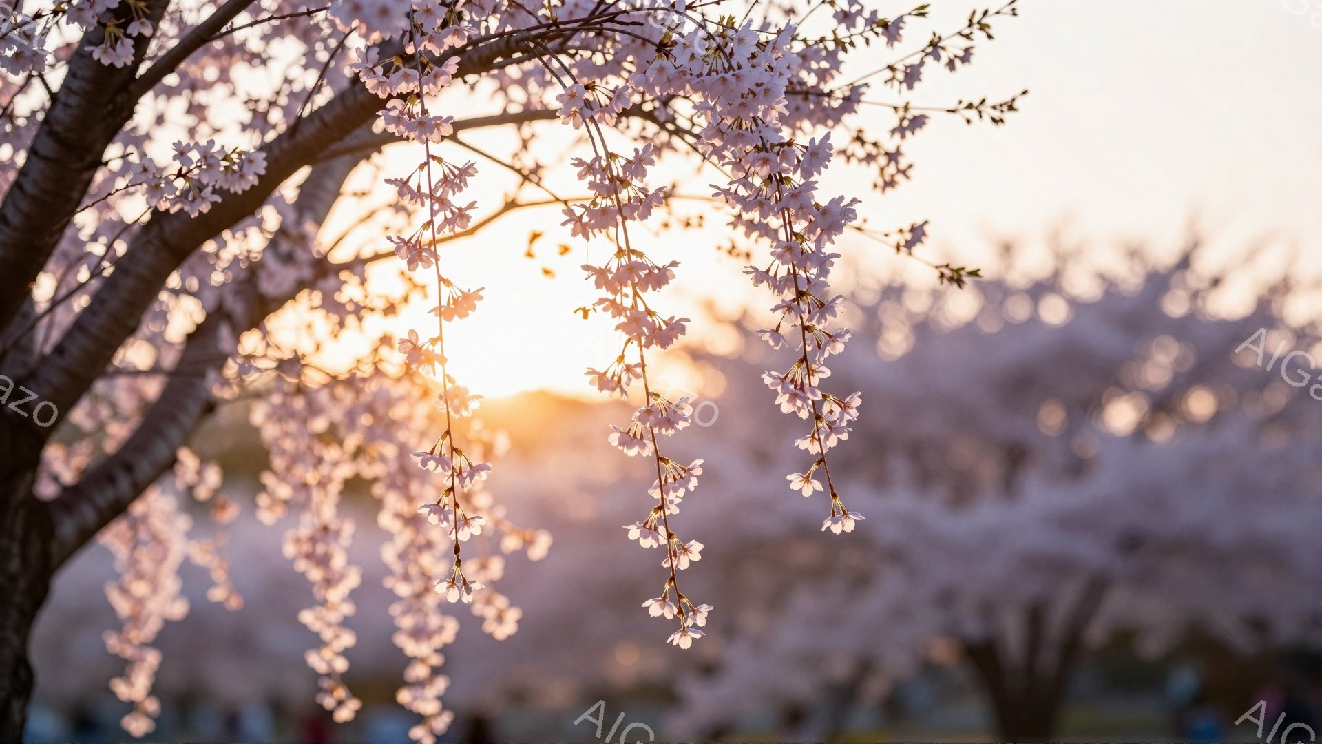 桜の枝が前景いっぱいに広がり、薄いピンク色の花が密集して咲き誇っている。背景には、ぼんやりと桜並木が広がり、日の光が差し込むことで、全体的に柔らかく幻想的な雰囲気を醸し出している。空は淡いオレンジ色に - AI生成フリー素材