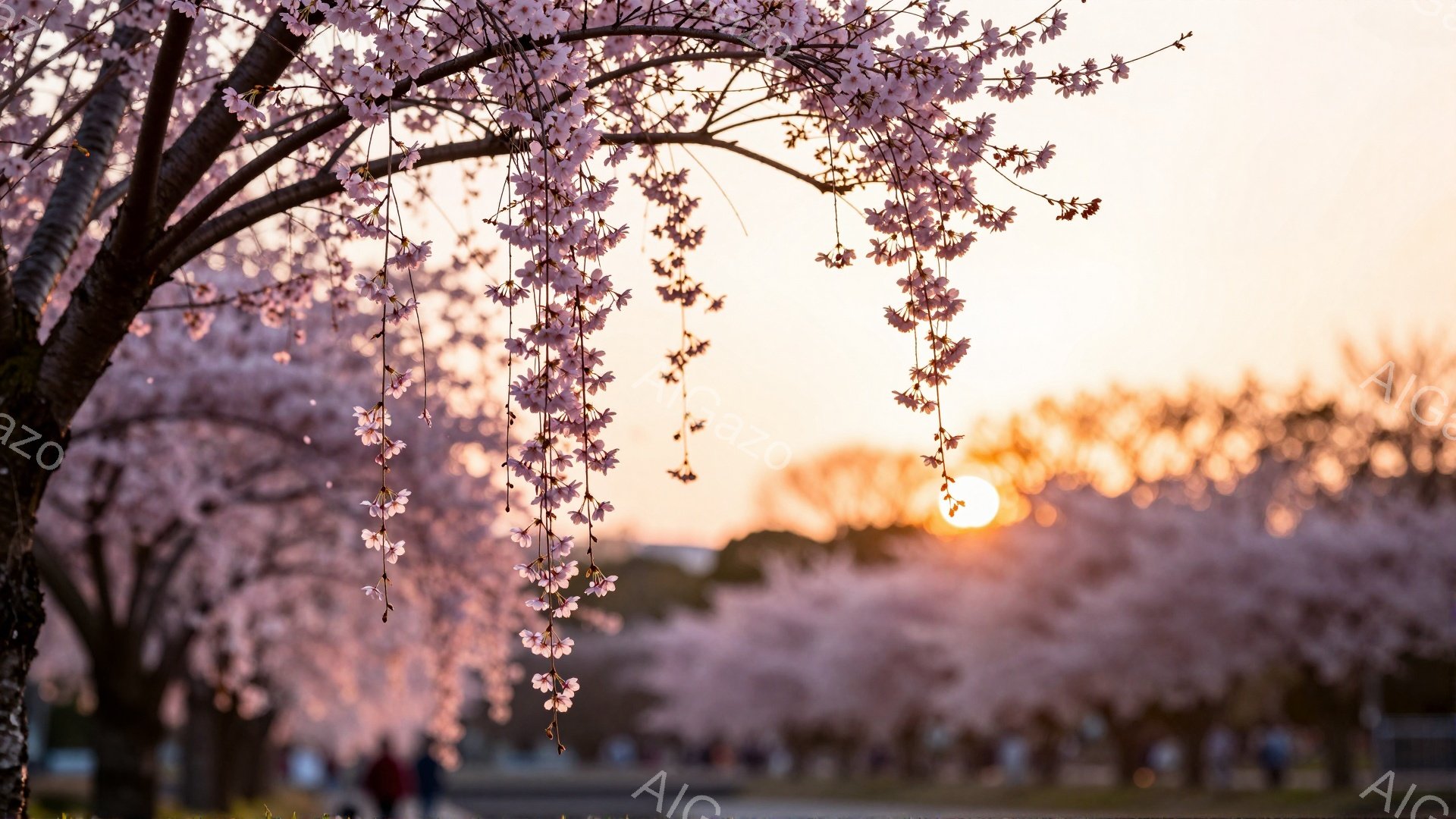 桜の枝が画面いっぱいに広がり、薄桃色の花が密集して咲き誇っている。背景には、ぼやけた緑の芝生と遠くの建物が見え、夕焼けのようなオレンジ色の空が広がっている。全体的に、暖かく、優しく、穏やかな春の雰囲気が漂っている。