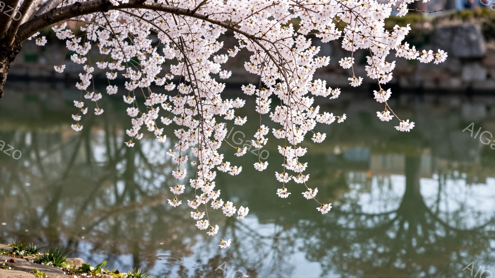 桜の枝が水面へと垂れ下がり、淡いピンク色の花びらが水面に映り込んでいます。水面は穏やかで、周囲の緑と空の青がぼんやりと反射し、春の穏やかな雰囲気を醸し出しています。背景には石垣とわずかな建物が見え、全体的に静かで優雅な情景です。