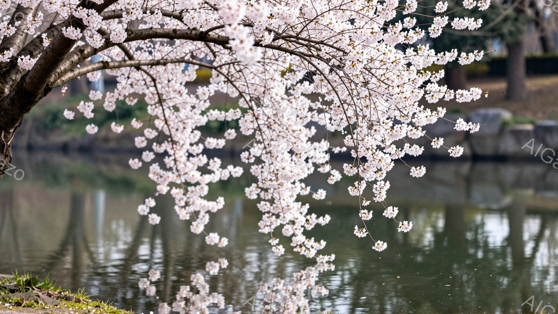 桜の枝が水面に沿って伸び、薄ピンク色の花が密集して咲き誇っている。水面には桜並木と空の青色が映り込み、穏やかな春の光景が広がっている。全体的に柔らかく、優美な雰囲気が漂っている。