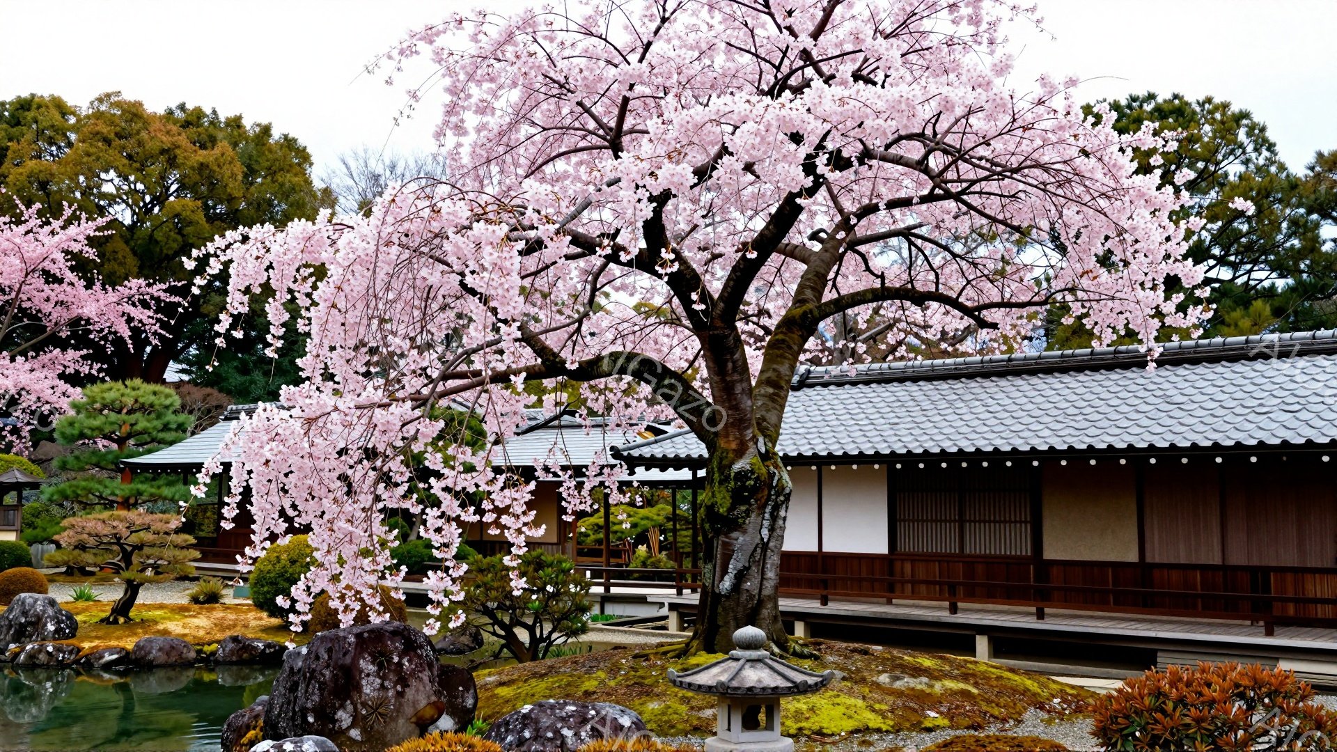 鮮やかなピンク色の桜が咲き誇り、日本の伝統的な庭園を彩っています。茶室のような木造建築が背景にあり、石灯籠や苔むした岩が庭園の自然な美しさを引き立てています。穏やかな日差しが庭園全体を照らし、静寂で平和な雰囲気を醸し出しています。