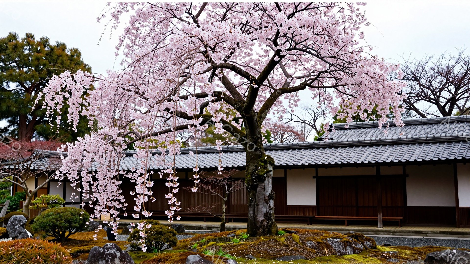 庭園には、満開の桜が咲き誇る美しい景色が広がっています。背景には、伝統的な日本の建築様式である、白い壁と暗い屋根を持つ建物が見え、苔むした石や手入れの行き届いた庭園が桜の美しさを引き立てています。全体的に、春の穏やかさと日本の伝統的な美しさを感じる、落ち着いた雰囲気の画像です。