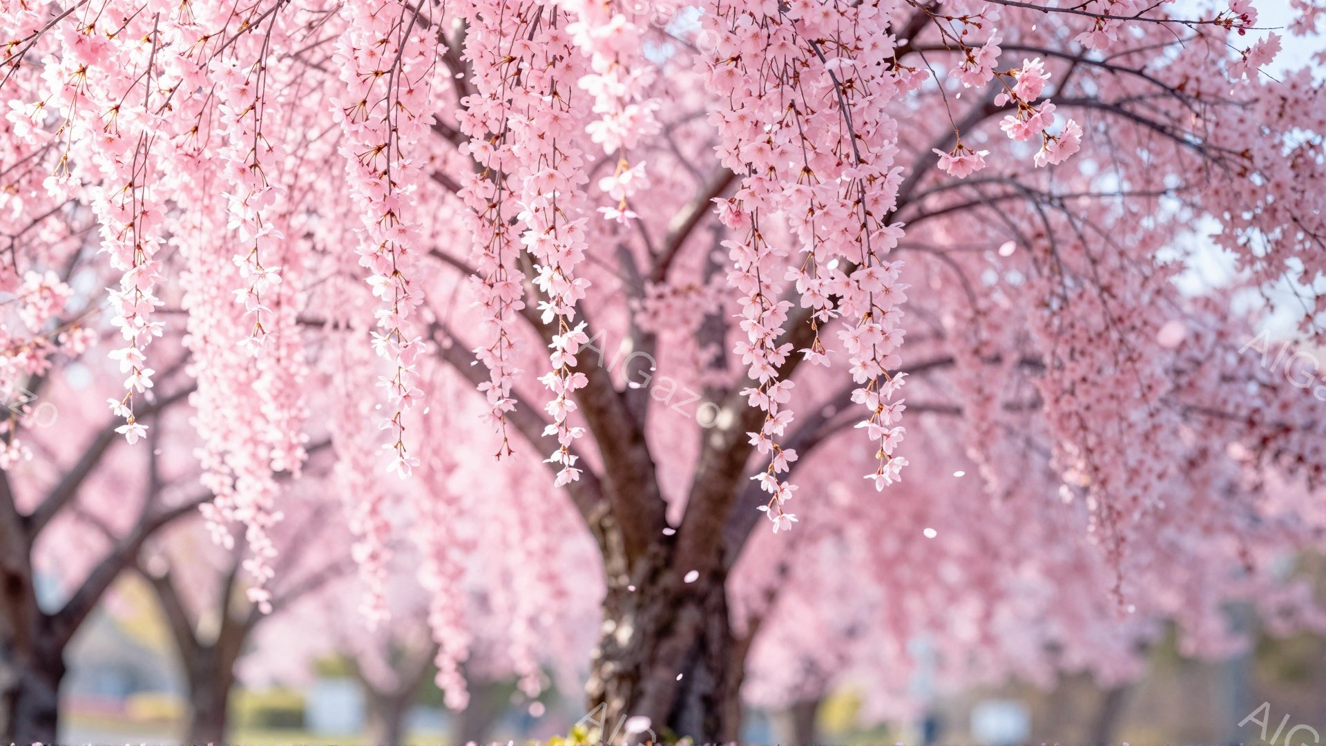 枝垂れ桜が咲き誇り、ピンク色の花びらが滝のように降り注いでいる様子が捉えられています。幹は太く、力強く、春の暖かさの中で柔らかな光が差し込み、背景はぼやけていますが、穏やかな春の日の公園のような雰囲気です。全体として、優美で幻想的な春の情景が表現されています。