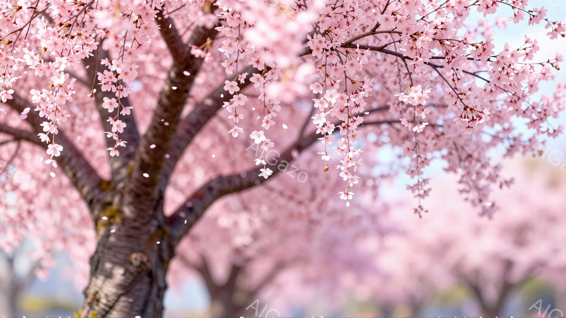桜の木が咲き誇り、ピンク色の花びらが空中に舞い散っている様子が捉えられています。幹は力強くそびえ立ち、背景はぼやけて春の暖かさと穏やかさを感じさせます。全体的に華やかで優美な雰囲気で、春の訪れを象徴する美しい光景です。