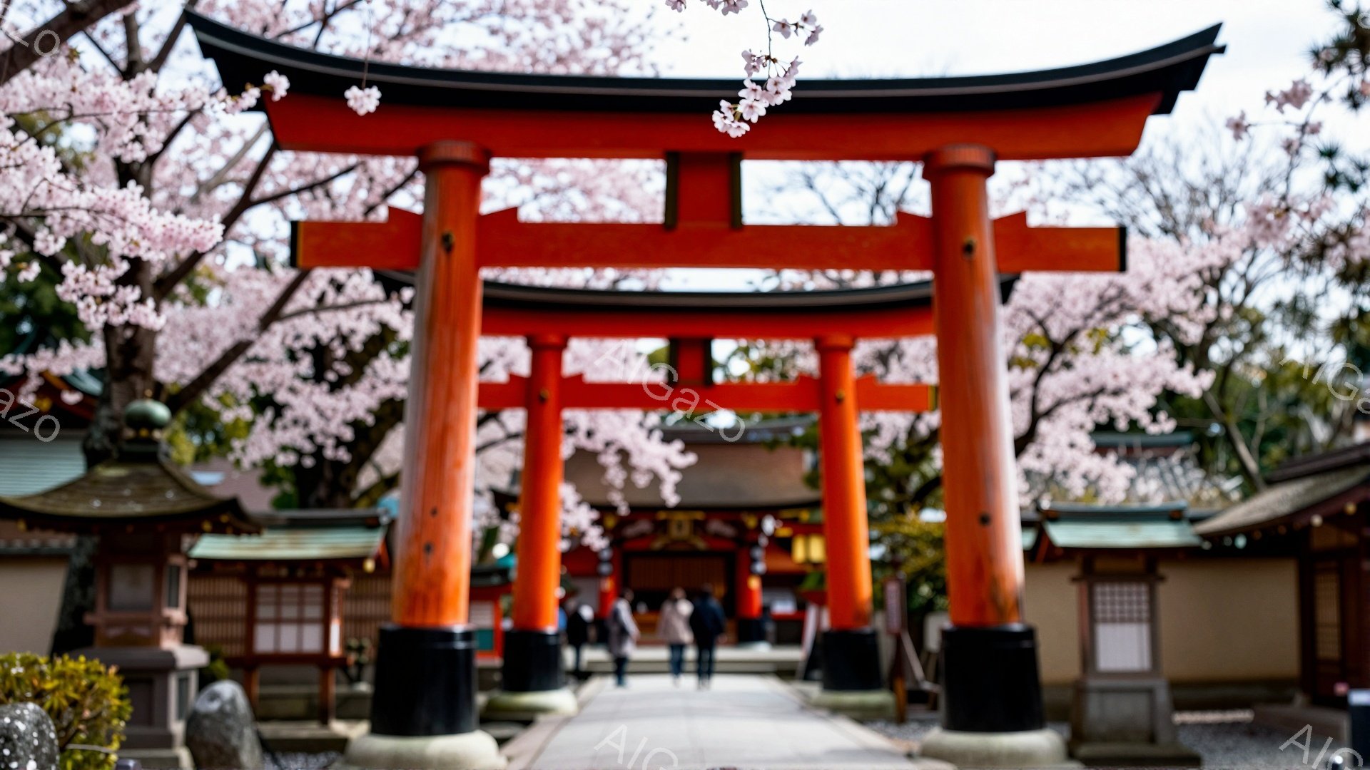 赤い鳥居が並び、その奥には伝統的な木造建築が見える神社の一景です。人々はカジュアルな服装で、参道をゆっくりと歩いています。背景には桜が咲き誇り、春の穏やかな日差しが降り注ぎ、神聖な雰囲気を醸し出しています。