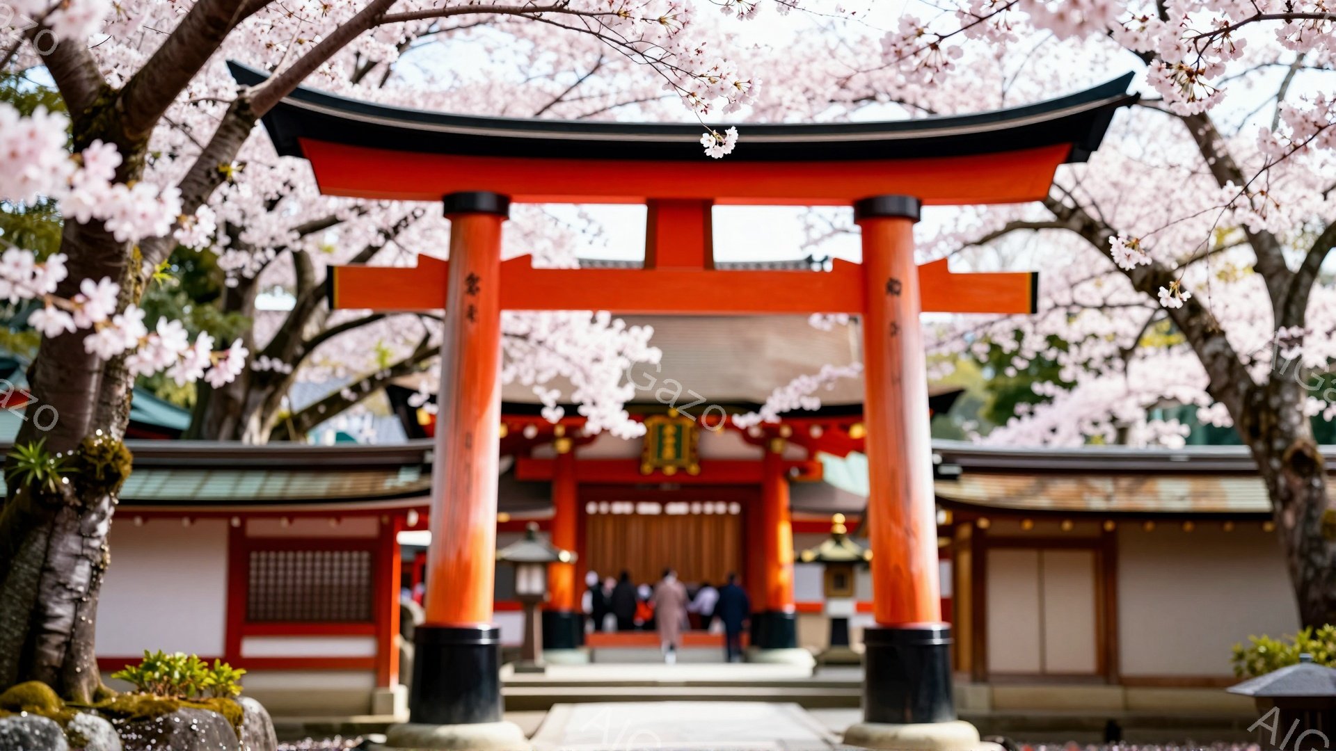 明るい朱色の鳥居が中央に構えられ、その奥には伝統的な木造建築の神殿が見えます。数人の参拝者が神殿に向かって歩いており、穏やかな表情で祈りを捧げている様子が伺えます。背景には満開の桜が咲き誇り、春の暖かな日差しが降り注ぐ、静かで神聖な雰囲気が漂っています。