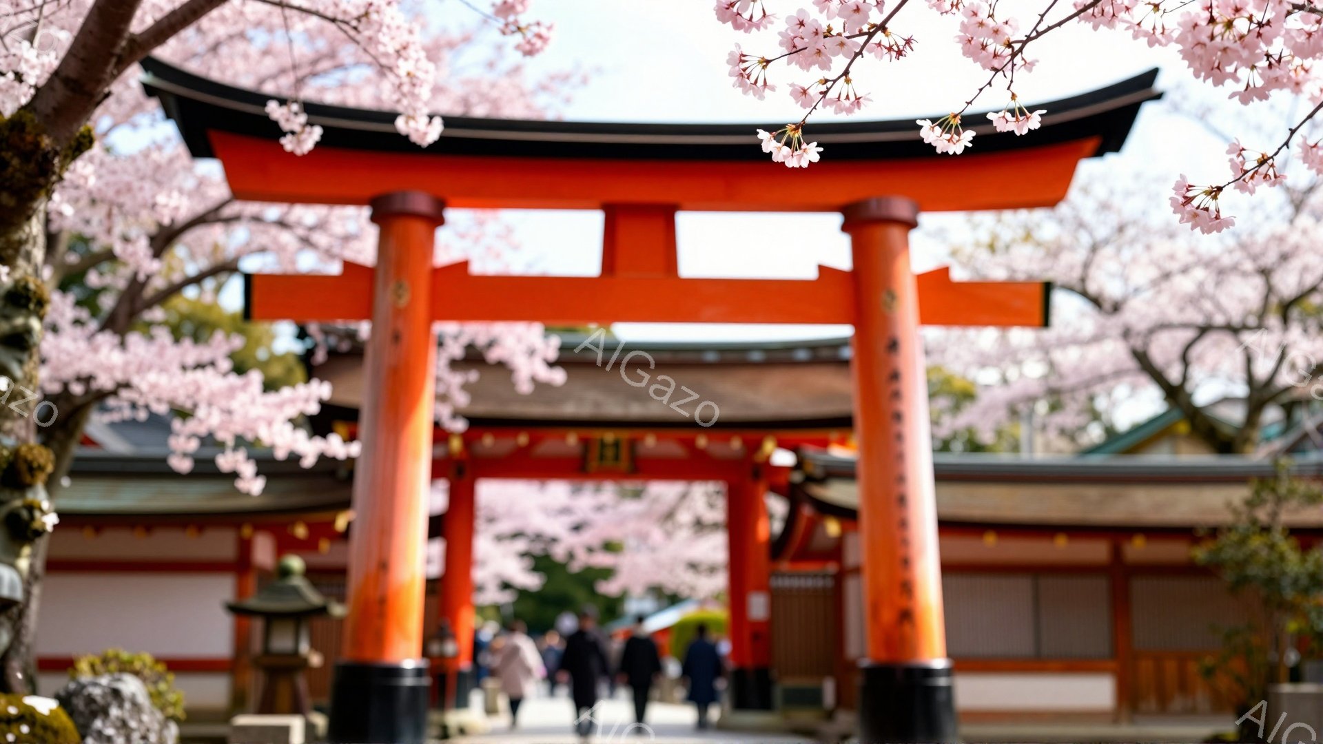 明るい春の日差しの中、朱色の鳥居が印象的な風景が広がっています。数人の人々が鳥居をくぐり、神社の境内へと歩んでいます。桜の花びらが舞い散り、周囲の建物と緑が春の穏やかな雰囲気を醸し出しています。