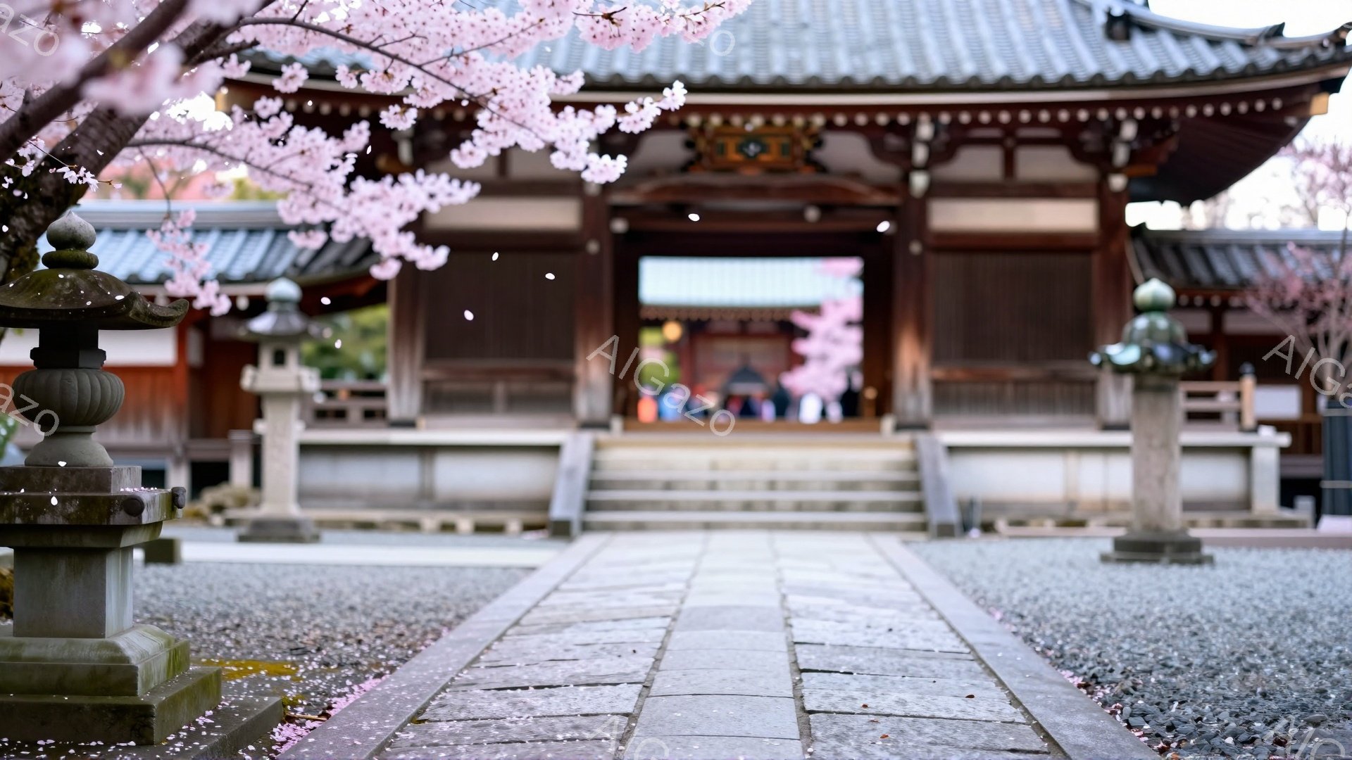 石畳の道が、桜の花びらが舞う中、朱色の寺院へと続いている。寺院の階段には人々がおり、浴衣を着ている者もいるようで、穏やかな春の訪れを感じさせる。背景には鮮やかな緑が広がり、全体的に静かで平和な雰囲気を醸し出している。