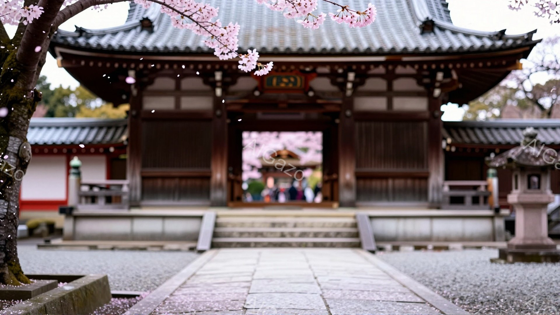 古い寺院の門が写真の中央に位置し、ピンク色の桜の花びらが舞い散る様子が捉えられています。石段を数人の人々が上がっており、伝統的な服装のようです。背景には、木造の寺院建築と、桜の木々が見え、穏やかで静謐 - AI生成フリー素材