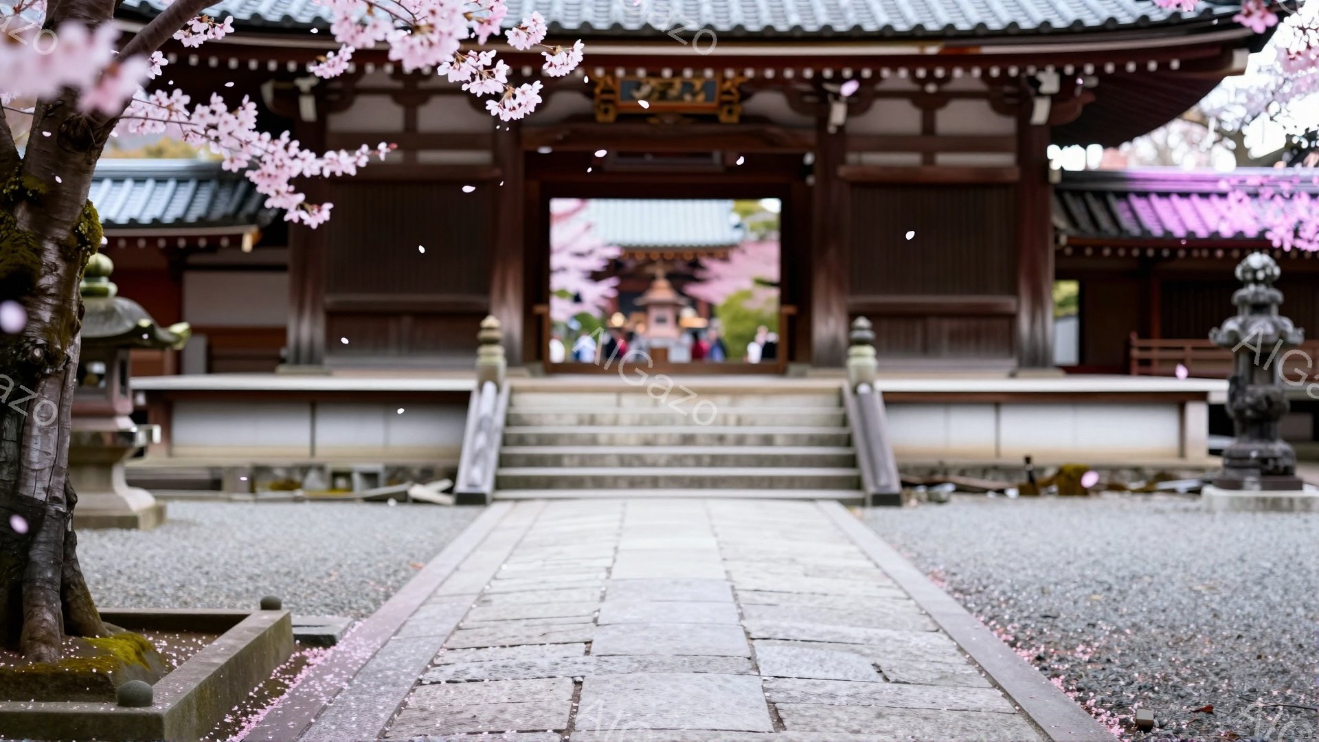石畳の道が寺院へと続いており、背景には朱色の美しい建物が見えます。桜の花びらが舞い散り、春の穏やかな雰囲気を醸し出しています。寺院の階段には数人の参拝者がおり、静かに参拝に訪れている様子が伺えます。