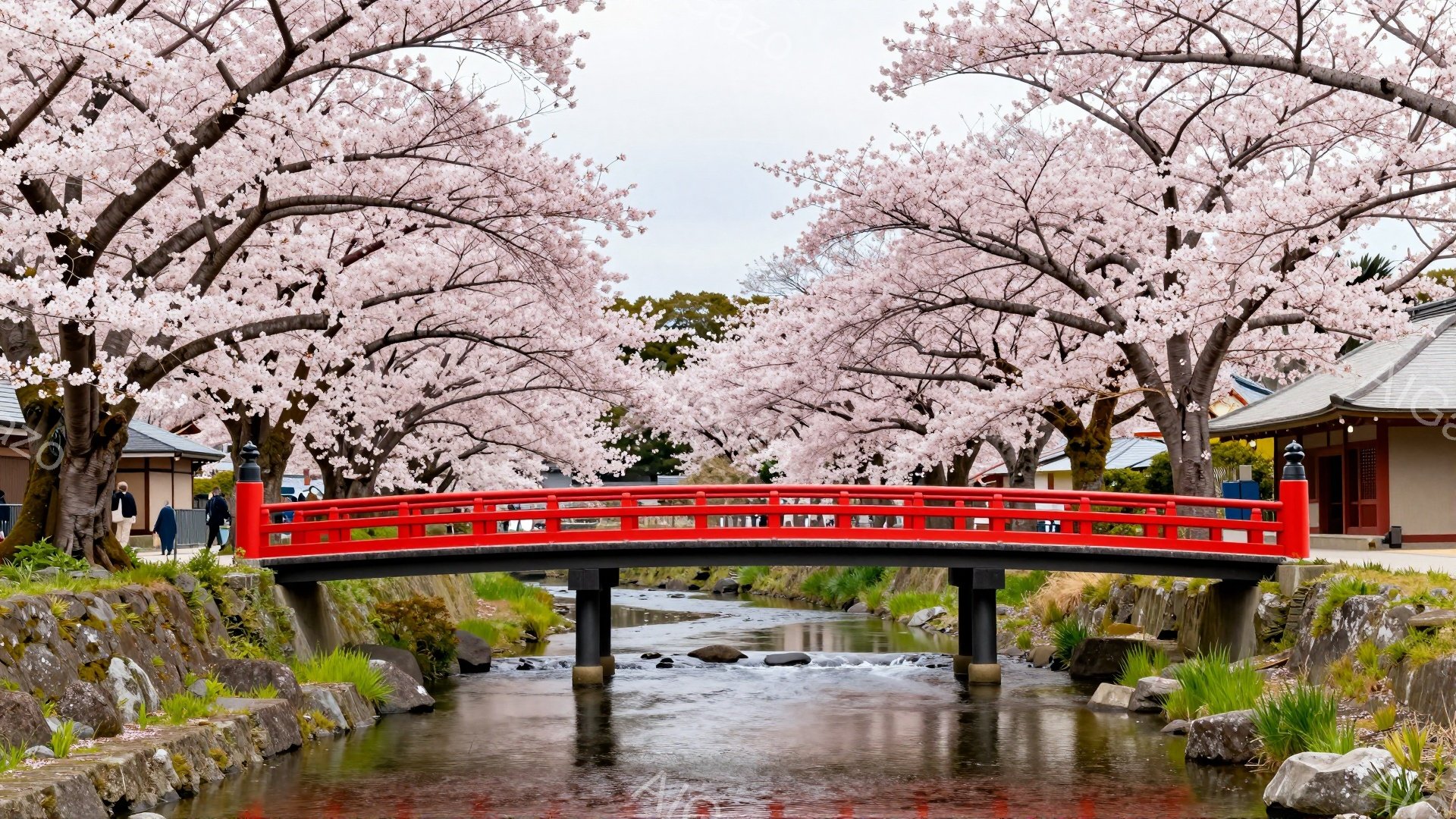 赤い橋が小川の上に架かり、両岸には緑豊かな植物が生い茂っている。 満開の桜並木が橋の上を覆い、春の暖かさと穏やかさを感じさせる。数人の人々が橋を渡り、桜並木を楽しむ様子がうかがえる。 - AI生成フリー素材