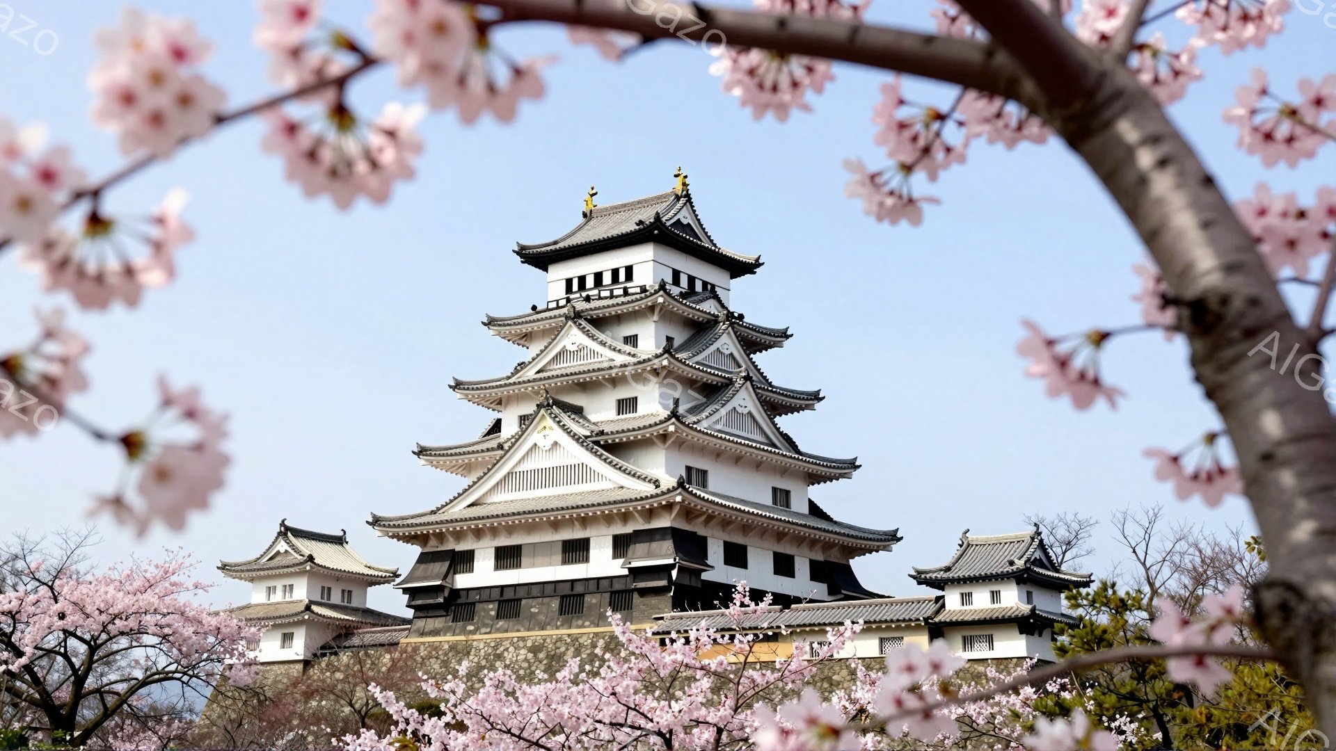 白い城が、桜の花びらに囲まれて美しく聳え立っている。城は多層構造で、屋根は黒と白のコントラストが際立ち、日本の伝統的な建築様式を反映している。空は晴れ、背景にはぼんやりとした木々が見え、春の穏やかな雰囲気を醸し出している。