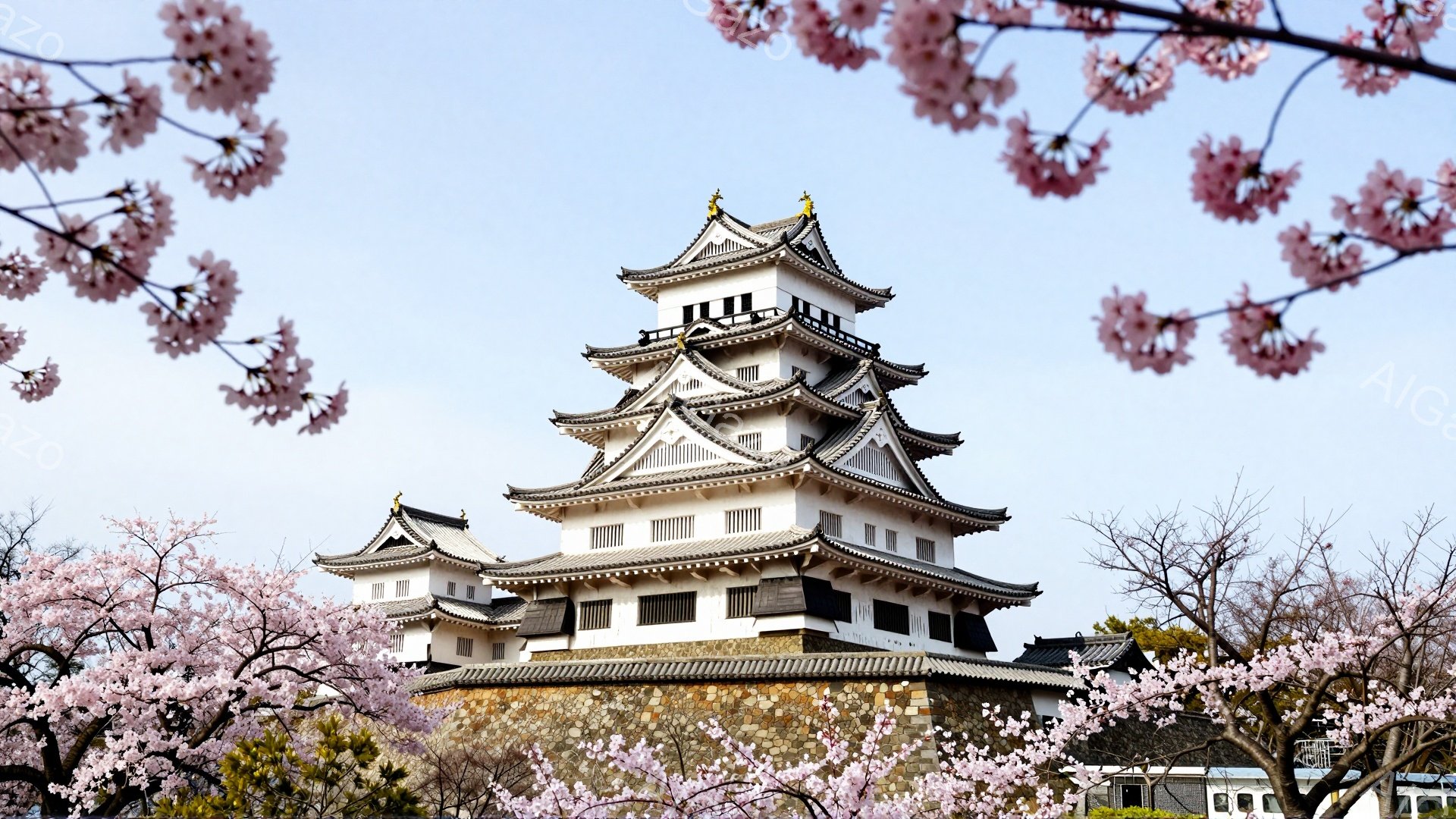 白い城が、桜の花びらで飾られた風景の中にそびえ立っています。城は複数の層からなり、伝統的な日本の建築様式で、屋根には飾りが見られます。背景には、薄緑の木々と青空が広がり、春の穏やかな雰囲気を醸し出して - AI生成フリー素材