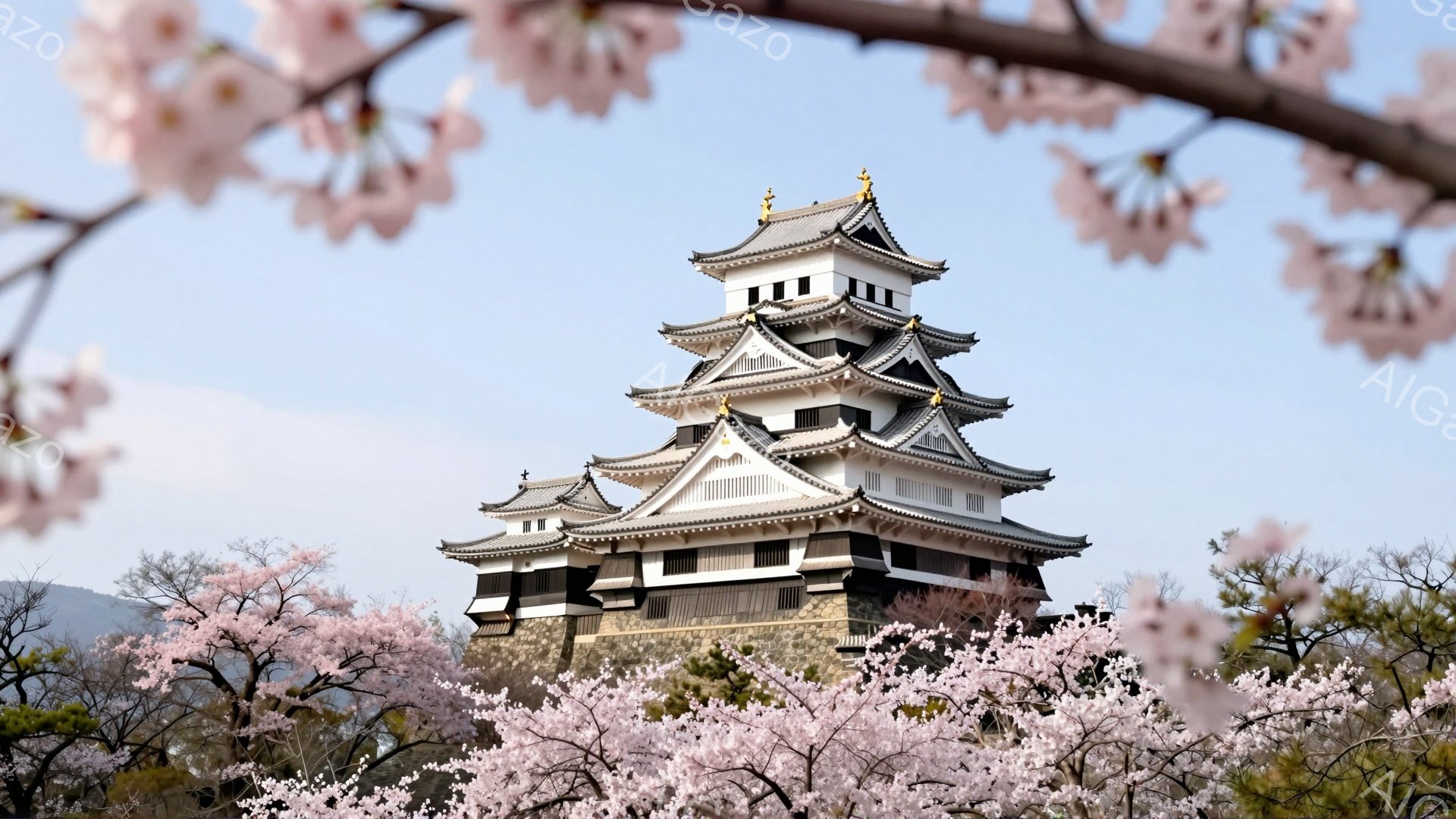 白い城郭が桜の木々のフレームに囲まれ、春の訪れを告げている。城は複数の層を持ち、屋根は緑と白のコントラストが美しい。背景には穏やかな空と遠くの山々が広がり、全体的に穏やかで静謐な雰囲気を醸し出している - AI生成フリー素材