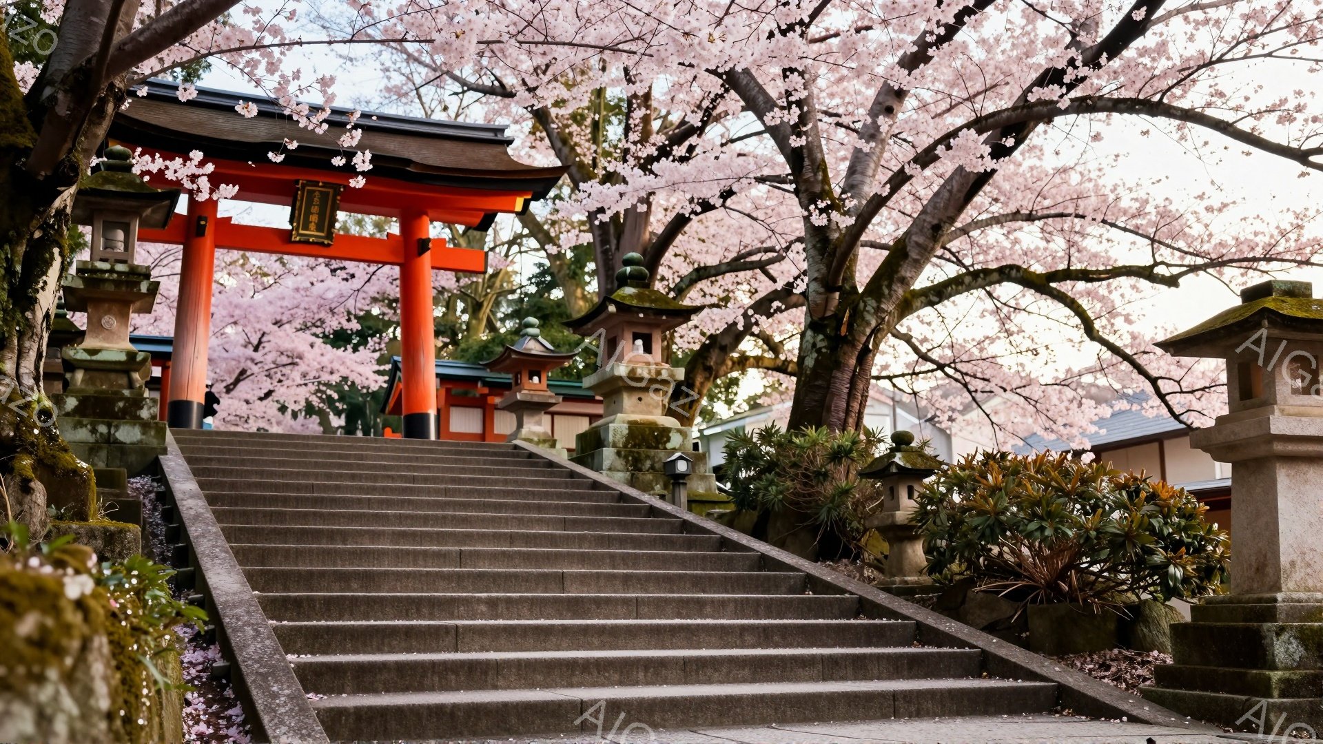 桜並木に沿って石段が続く神社の一景で、鮮やかな朱色の鳥居が印象的である。石段の両脇には灯籠が配置され、背景には木々が生い茂り、春の暖かな日差しが降り注いでいる。全体的に穏やかで静謐な雰囲気が漂い、訪れる人に安らぎを与える空間である。