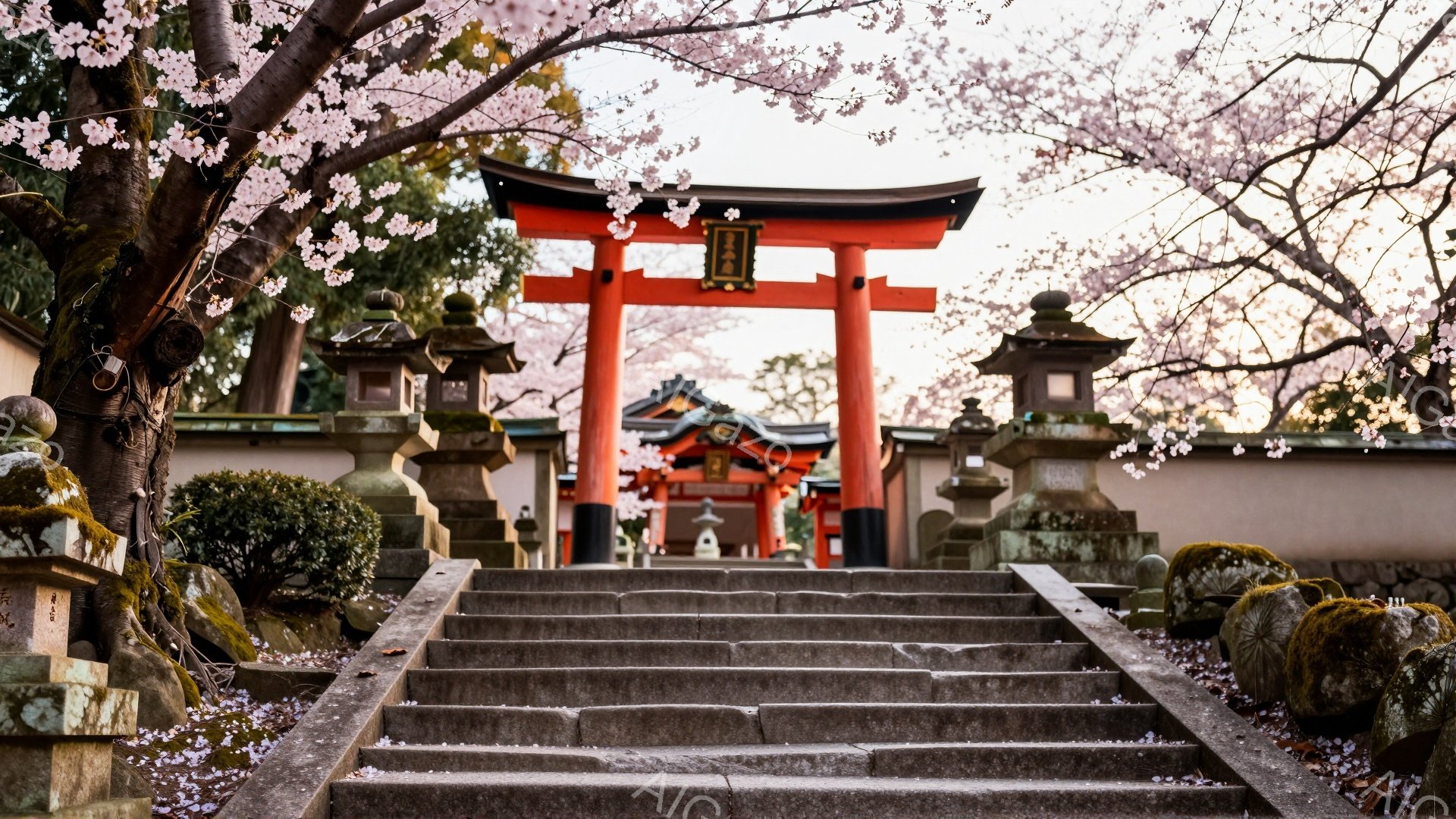 鮮やかな朱色の鳥居が石段の先に堂々と立っており、その両脇には苔むした石灯籠が配置されている。桜の木から散り始めた花びらが石段や地面をピンク色に染め、春の穏やかな雰囲気を醸し出している。背景には緑色の生垣とわずかに見える建物があり、静寂で神聖な空間が広がっている。