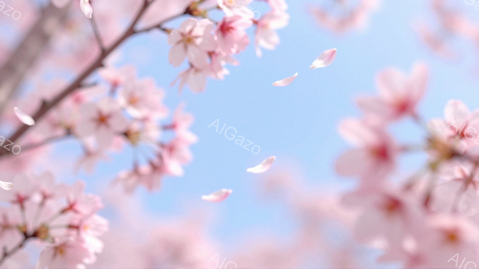 桜の花びらが舞い散る、春の風景が捉えられている。空は淡い水色で、桜の淡いピンク色が背景に広がり、柔らかい雰囲気を醸し出している。花びらは風に乗って軽やかに舞い、春の儚さと美しさを表現している。