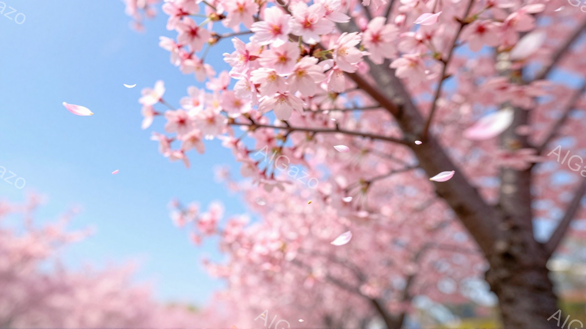 桜の木が咲き誇り、花びらが風に舞っている美しい春の風景です。空は澄んだ青色で、背景にはぼんやりと緑の木々が見えます。全体的に柔らかく、穏やかな雰囲気が漂い、春の暖かさと生命力を感じさせます。 - AI生成フリー素材