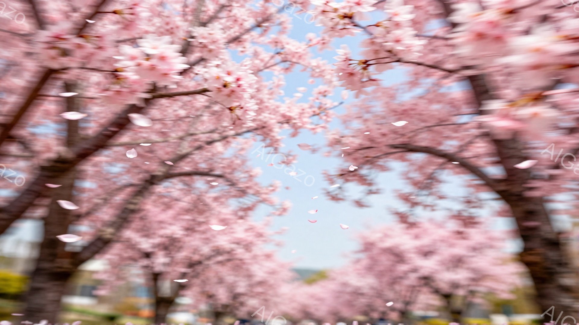 桜の木々が咲き誇り、花びらが舞い散る美しい風景です。木々は空を覆うように枝を広げ、まるでピンク色のトンネルのようです。背景には緑の芝生と建物が見え、春の穏やかな陽気を感じさせます。