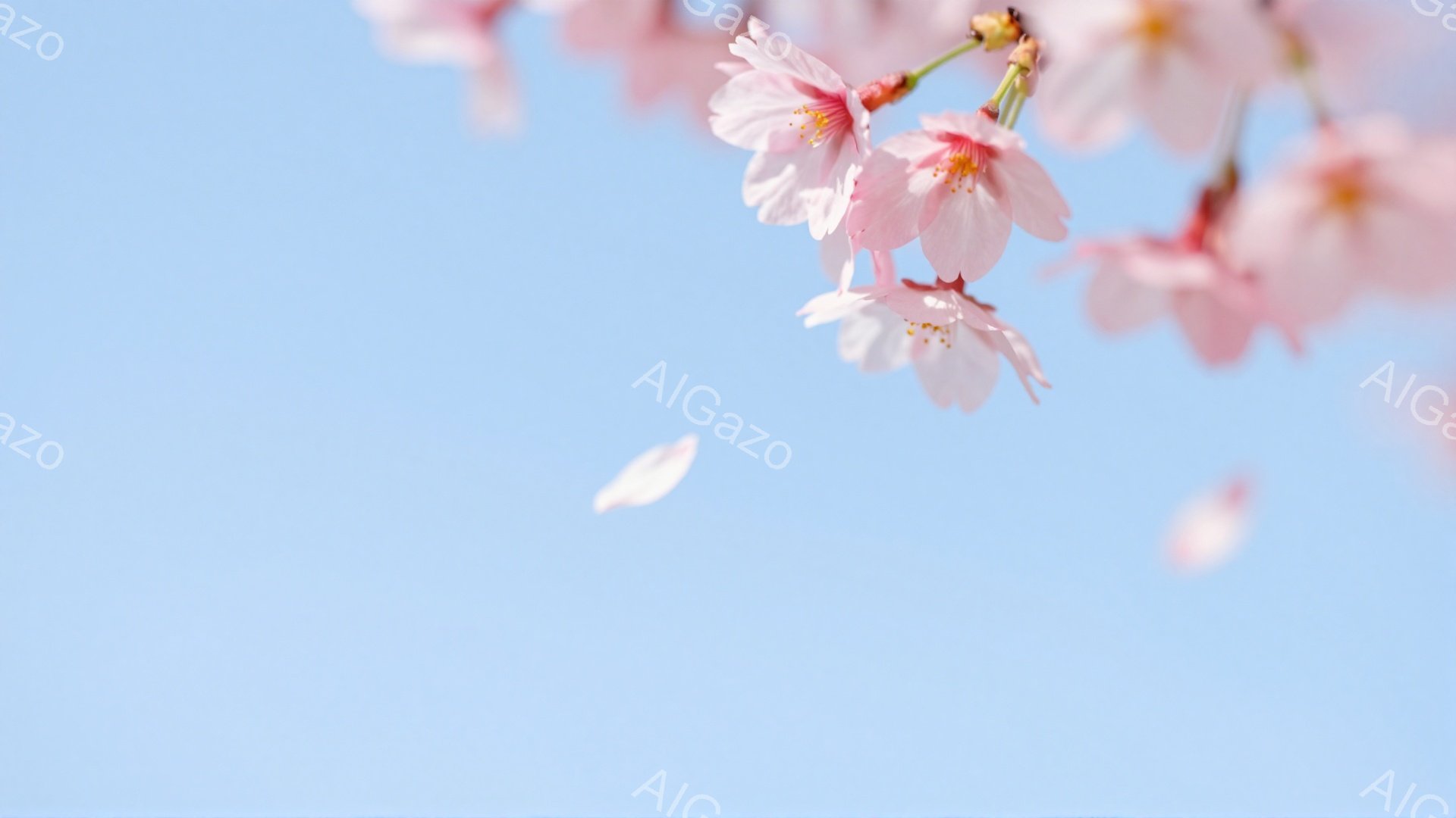 桜の花びらが舞い散る、淡い青空を背景とした風景です。薄ピンク色の桜の花が画面の上部に咲き誇り、数枚の花びらが空中に漂い、春の穏やかな雰囲気を醸し出しています。背景は空一面に広がる明るい青空で、暖かく柔 - AI生成フリー素材
