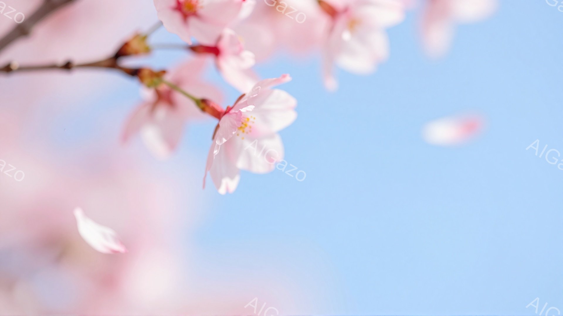 桜の花びらが散りばめられた、春の穏やかな空を背景にしたクローズアップ写真です。淡いピンク色の桜の花びらが、柔らかい光に照らされ、優雅に舞い落ちている様子が捉えられています。背景はぼやけた水色の空で、春の暖かさと儚さを感じさせる静謐な雰囲気が漂っています。