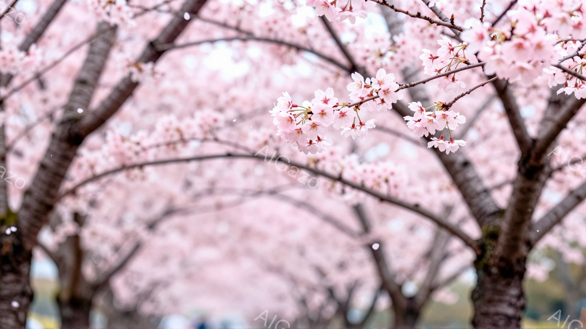 桜の花びらが咲き乱れ、まるでピンク色のトンネルのようです。幹は茶色く、花びらの淡いピンク色とのコントラストが美しいです。背景はぼやけており、春の穏やかで幻想的な雰囲気を醸し出しています。 - AI生成フリー素材