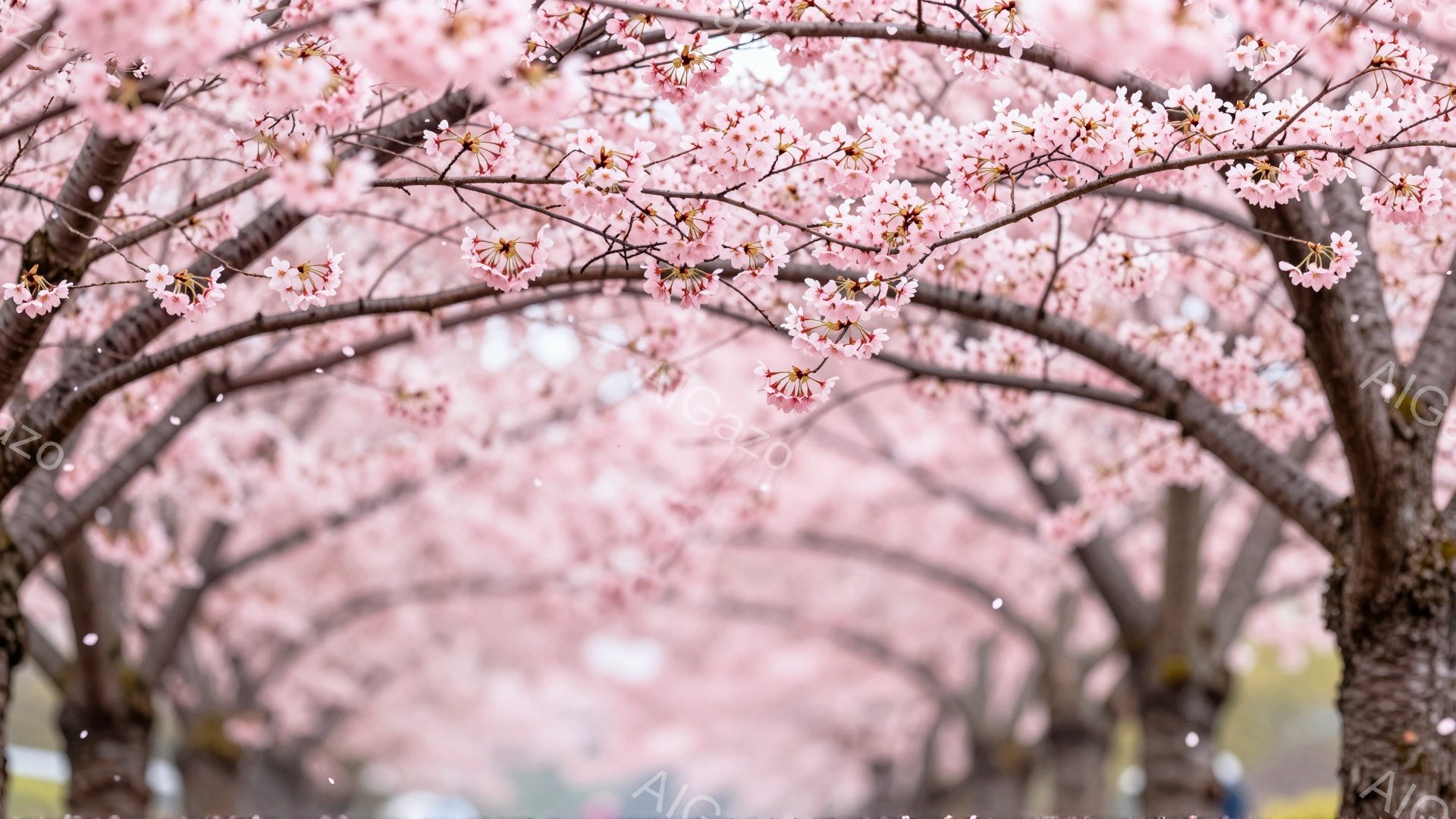 桜並木が続く道が写っており、満開の桜の花びらが空を舞っている様子が印象的だ。木々の枝がアーチのように交差し、まるでトンネルのような空間を作り出しており、春の暖かさと華やかさを感じさせる。背景にはぼんや - AI生成フリー素材