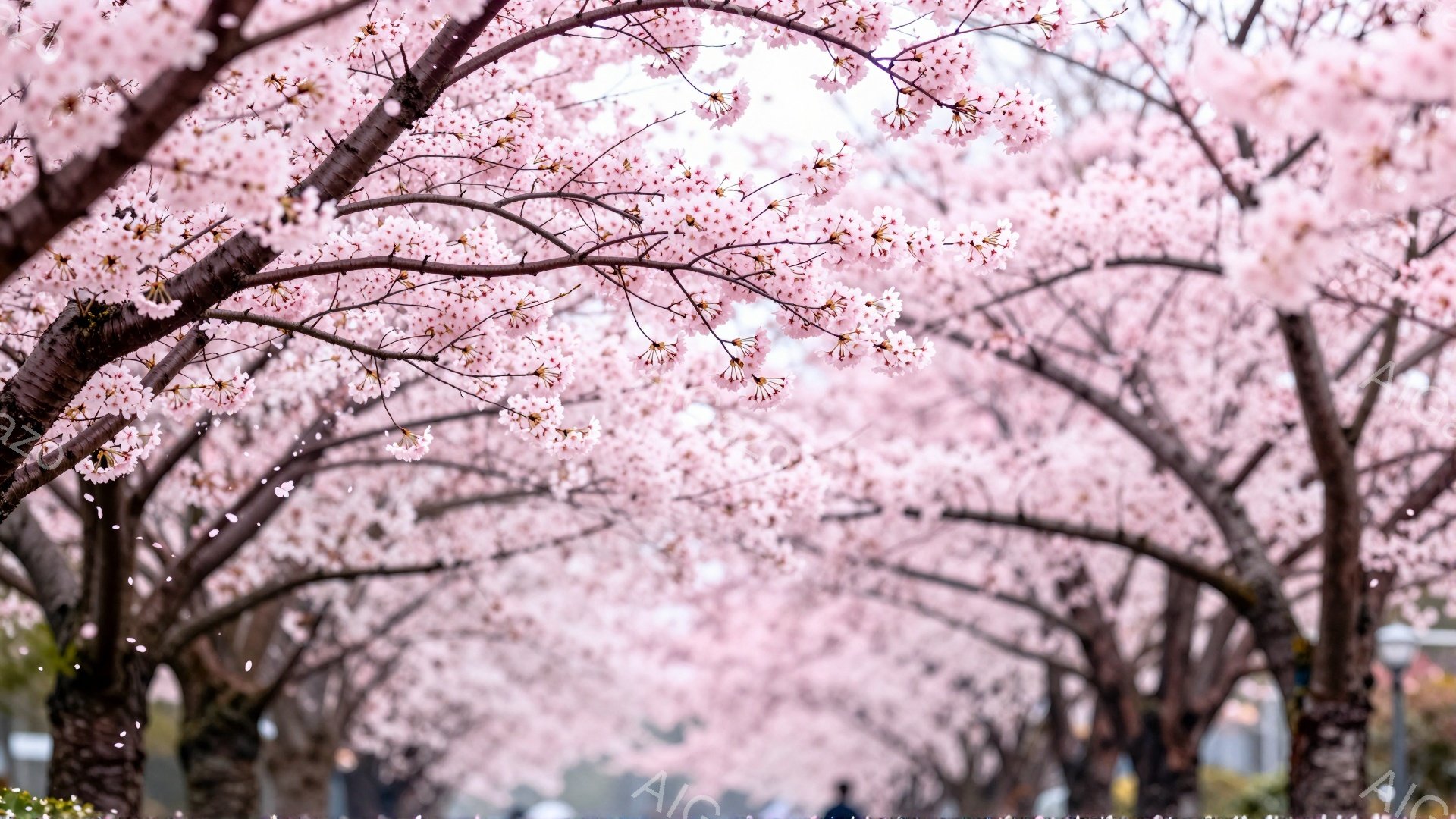 桜並木が咲き誇り、ピンク色の花びらが舞い散る美しい春の風景です。桜のトンネルは光を柔らかく透過させ、幻想的な雰囲気を醸し出しています。遠くには建物が見え、春の穏やかな日差しが降り注いでいます。 - AI生成フリー素材