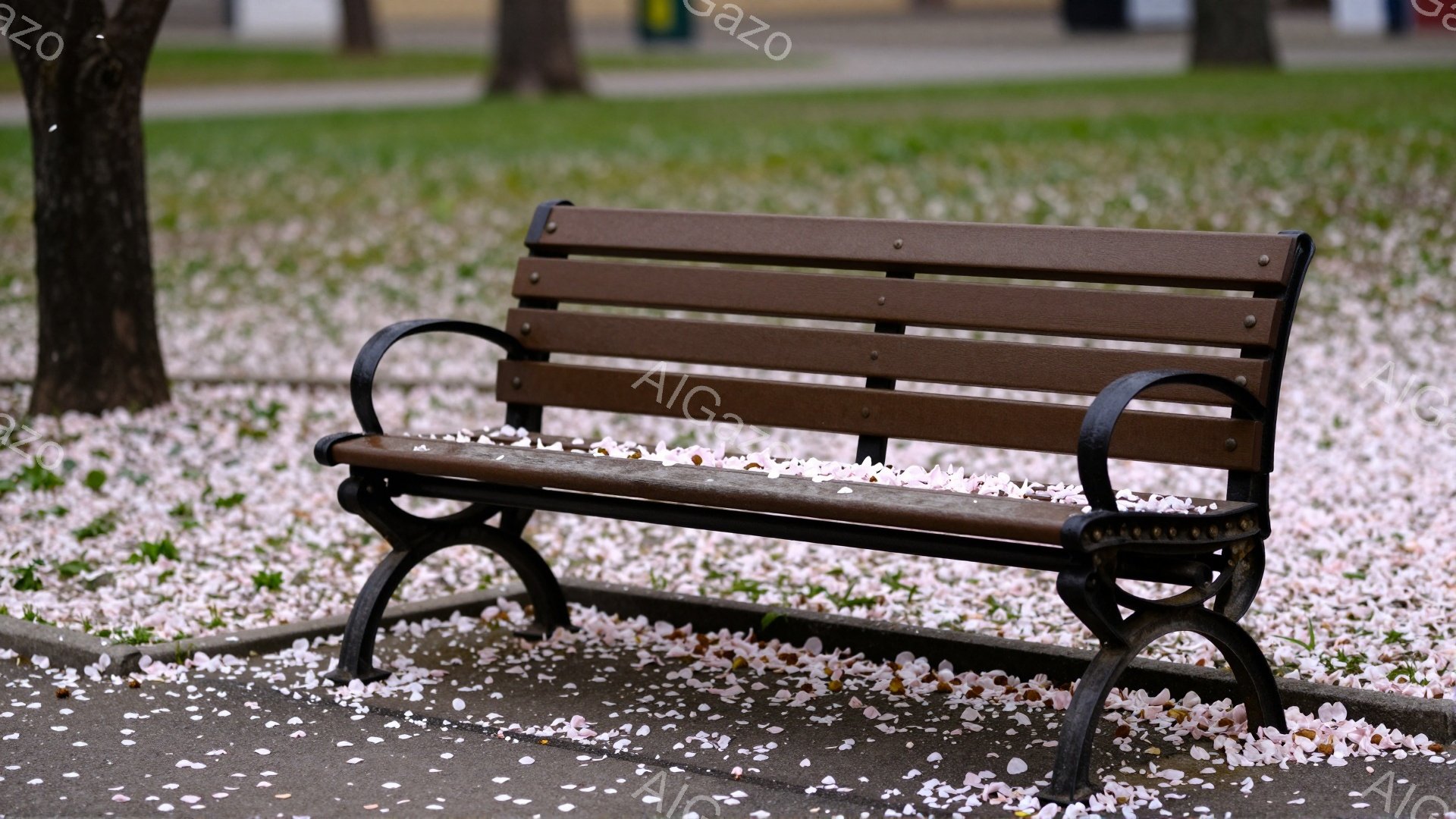 公園の遊歩道に設置された木製のベンチが写っている。地面は桜の花びらで覆われ、春の穏やかな雰囲気を醸し出している。ベンチは少し古びており、人々の憩いの場となっている様子が想像できる。 - AI生成フリー素材