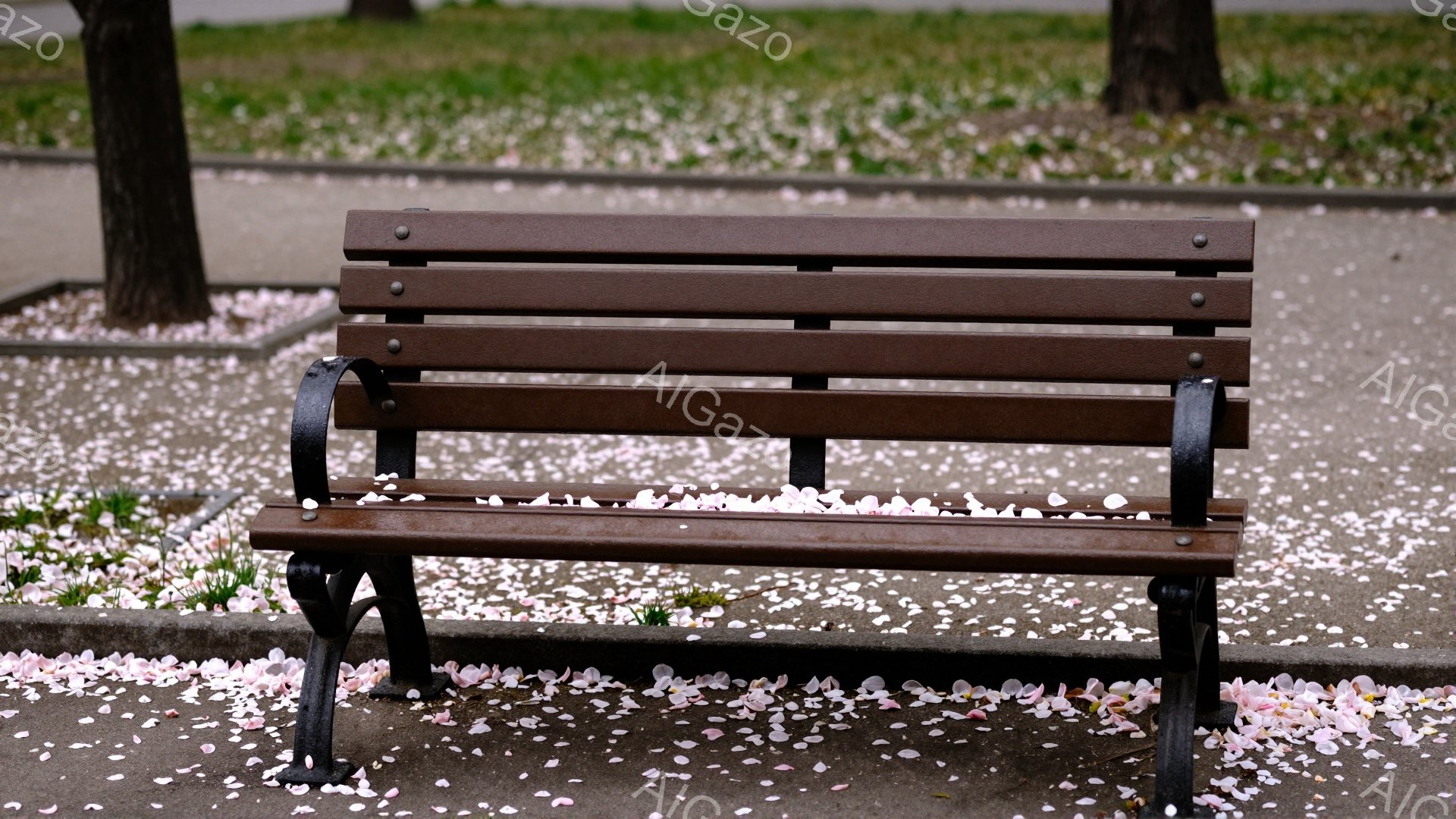 公園の歩道に置かれた黒い金属製のベンチが写っている。地面には桜の花びらが散らばり、春の訪れを感じさせる。ベンチは木目調で、周囲の緑と調和した穏やかな雰囲気である。 - AI生成フリー素材