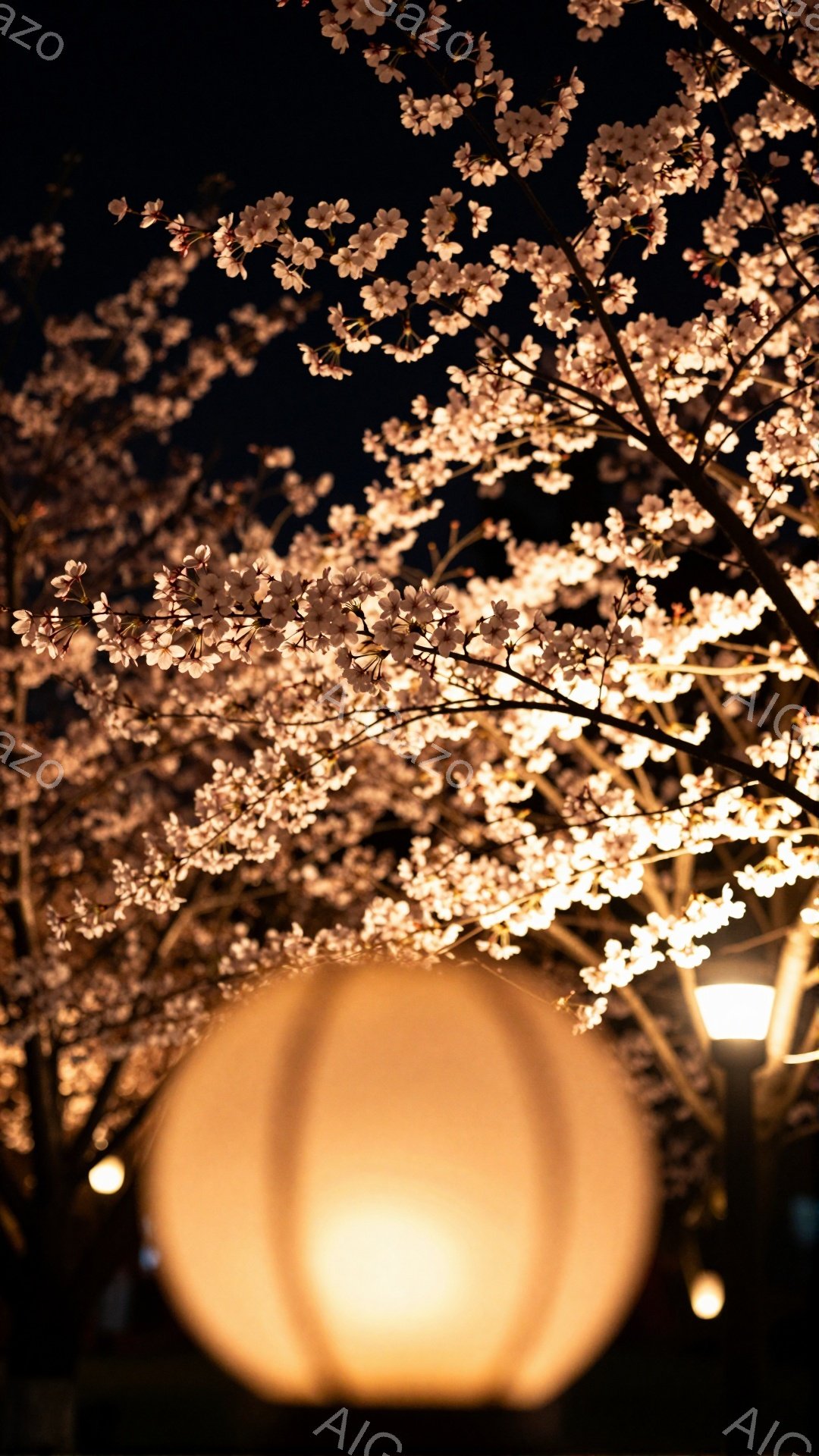 夜空の下、桜並木がライトアップされ、淡いピンク色の花びらが咲き誇っている。中央には大きな提灯が暖かく光を放ち、幻想的な雰囲気を醸し出している。桜のトンネルをくぐり抜けるような、春の夜の穏やかさと優美さを感じさせる美しい光景だ。