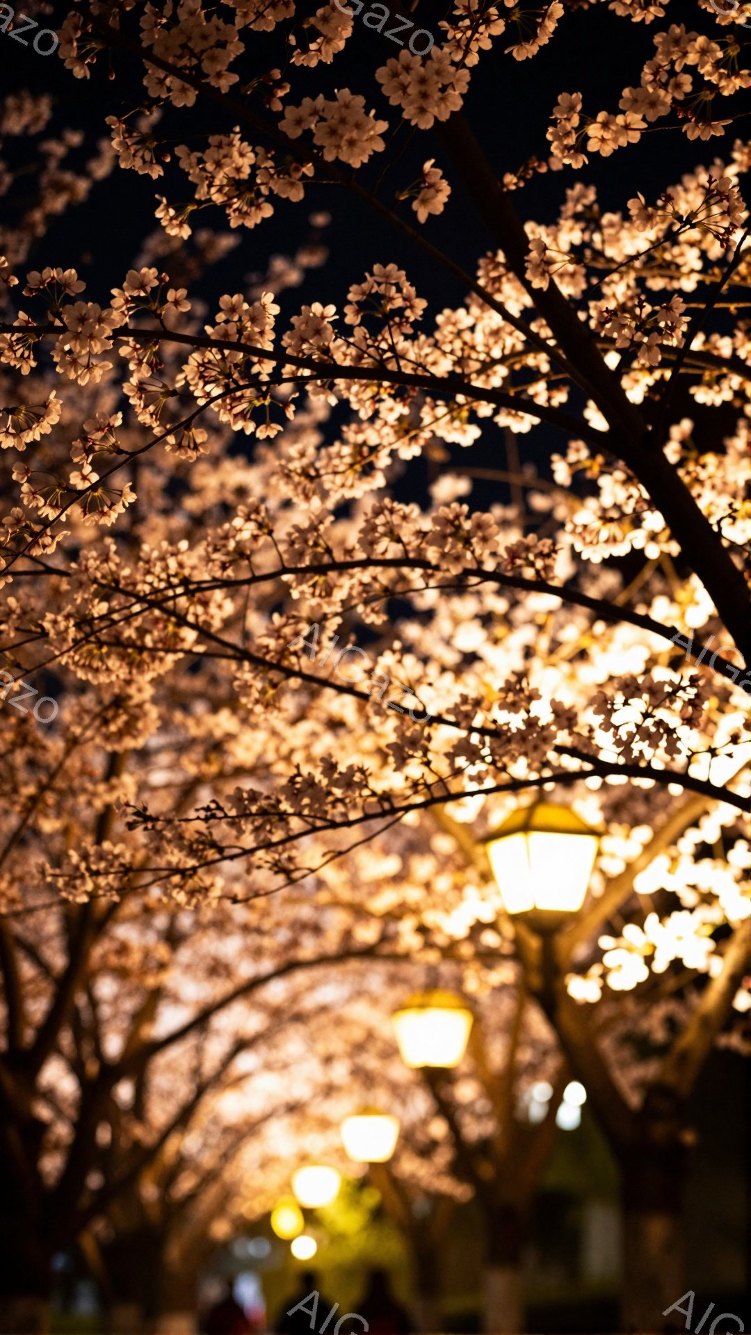 夜の街路樹が桜の花で覆われ、ライトアップされた街灯が桜の淡いピンク色と混ざり合い幻想的な光景を作り出している。ぼんやりと見える人影は、桜並木を散策しているのだろう。全体的に暖かく、静かでロマンチックな雰囲気が漂っている。