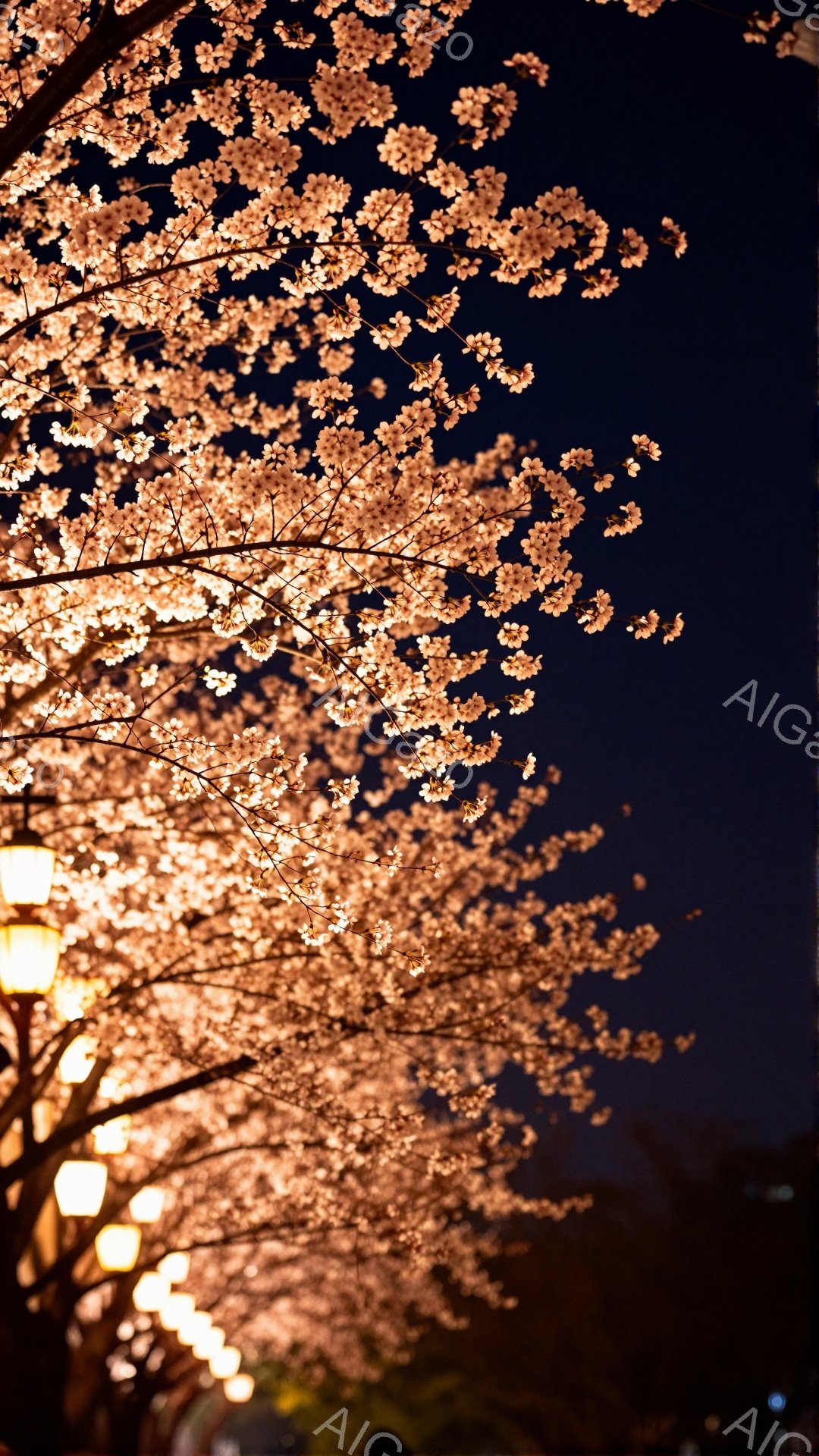 夜空を背景に、満開の桜がライトアップされ、幻想的な雰囲気を醸し出している。街灯の温かい光が桜の花びらを照らし、春の夜の美しさを際立たせている。桜のトンネルのような光景は、まるで夢の中にいるかのような感覚を呼び起こす。