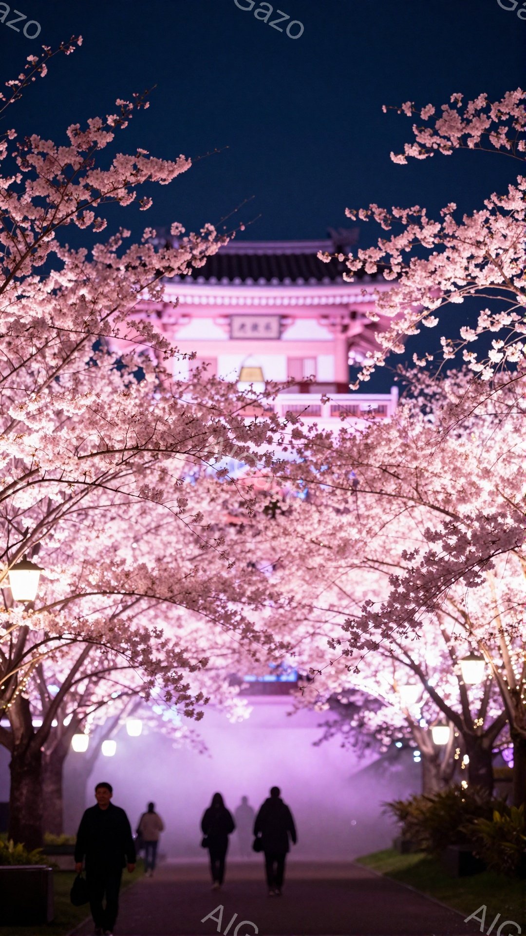 夜の桜並木を数人の人物が歩いている様子が捉えられている。人々は暗い色のコートを着ており、後ろ姿のため顔や表情ははっきりしないが、落ち着いた足取りで散歩を楽しんでいるように見える。背景にはライトアップされた建物が見え、桜の花びらが咲き乱れる幻想的な空間が広がっている。