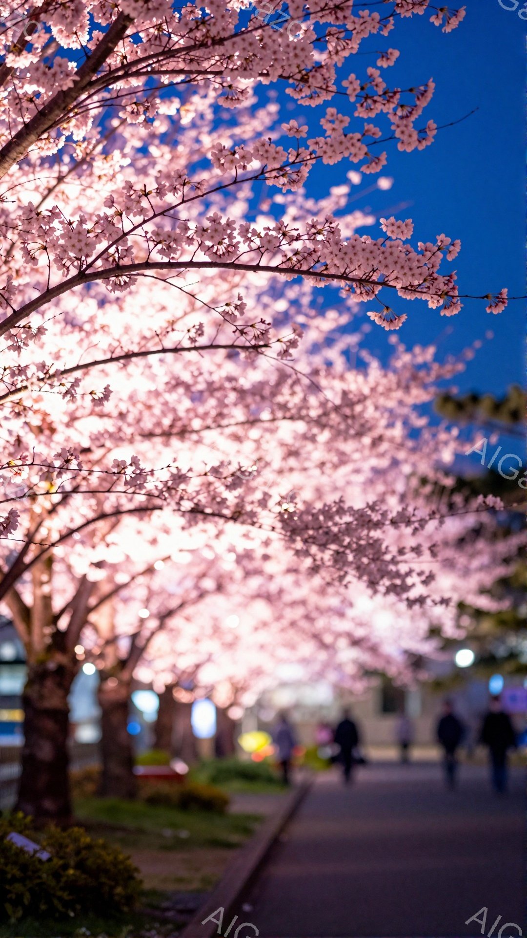 夜の街路樹は桜で覆われ、薄暗いアスファルトの道には数人の歩行者がぼんやりと見えます。彼らは皆、濃い色のコートを着ており、夜の闇に溶け込むように歩いています。桜の淡いピンク色が夜空と街灯に照らされ、幻想的で穏やかな雰囲気を醸し出しています。